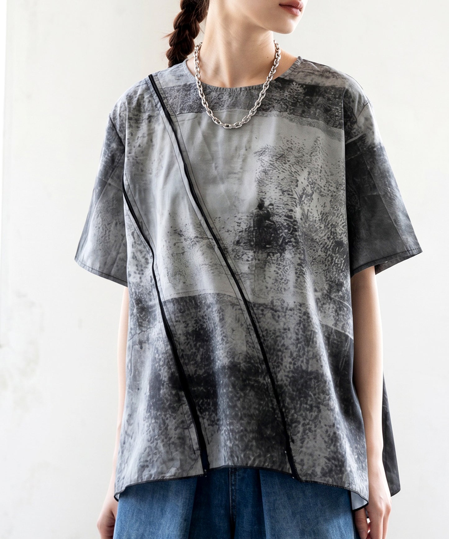 Material-Blocked Art Print Dolman Top Ladies