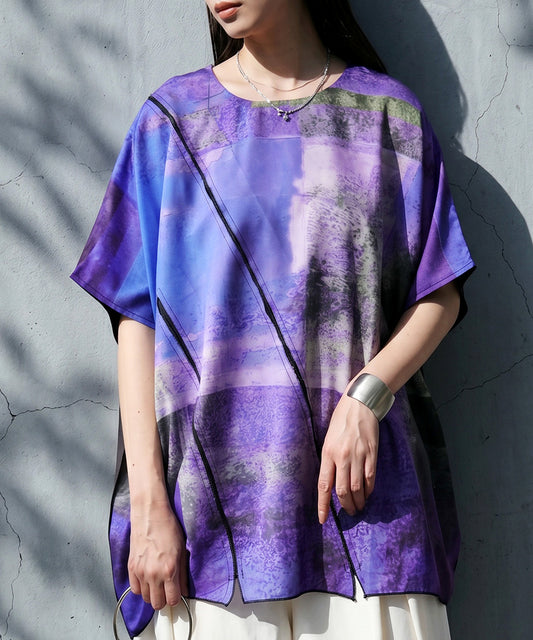 Material-Blocked Art Print Dolman Top Ladies