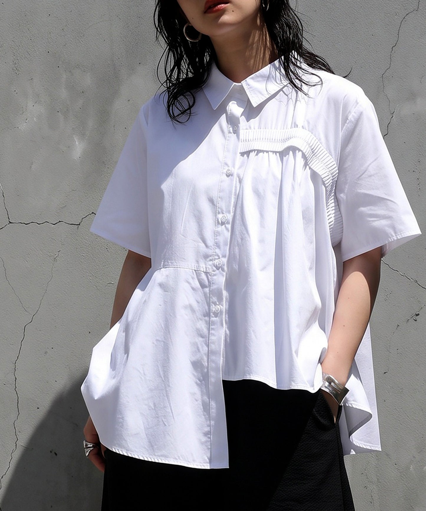 100% Cotton Asymmetrical Shirring Flare Shirt Ladies
