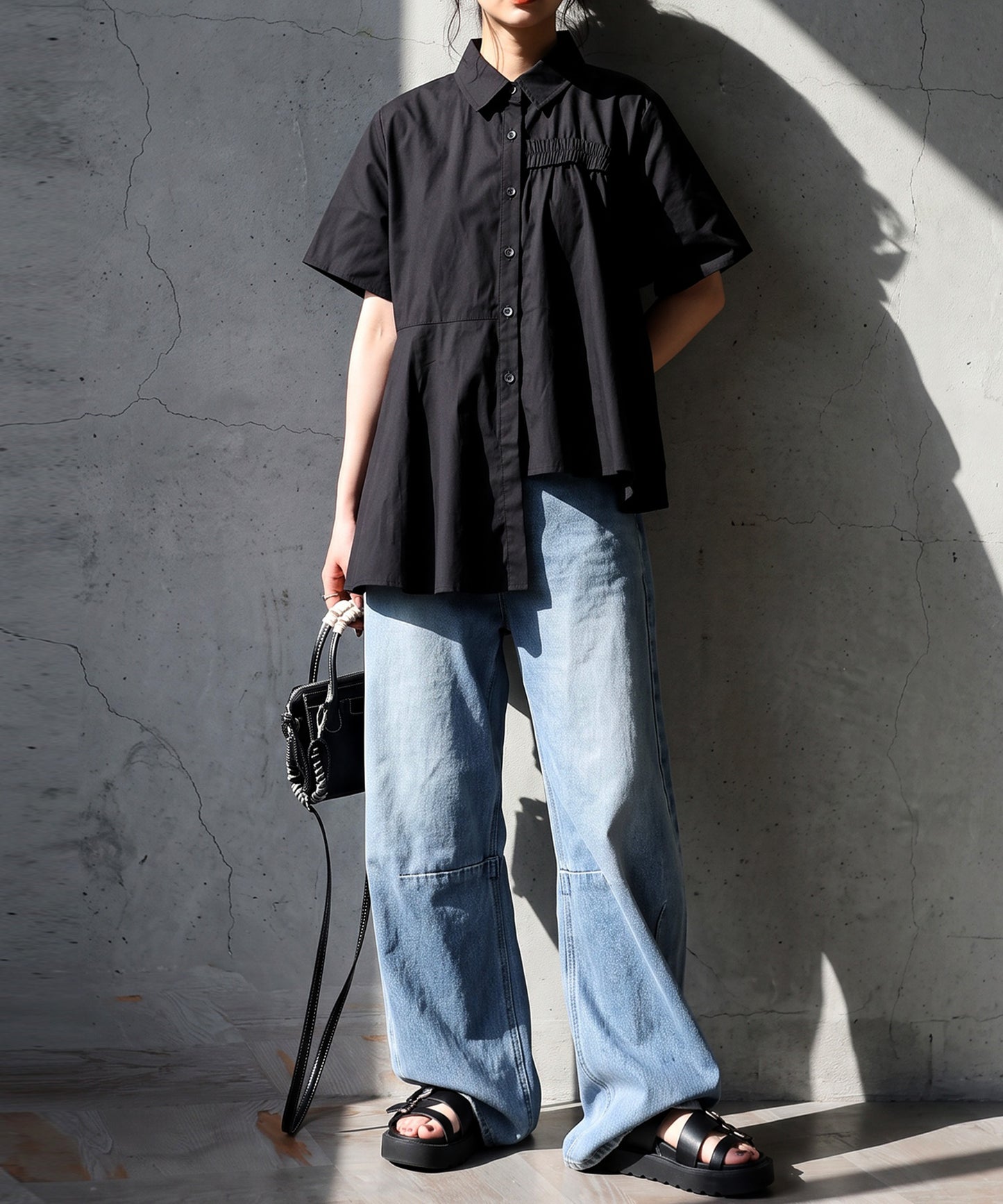 100% Cotton Asymmetrical Shirring Flare Shirt Ladies