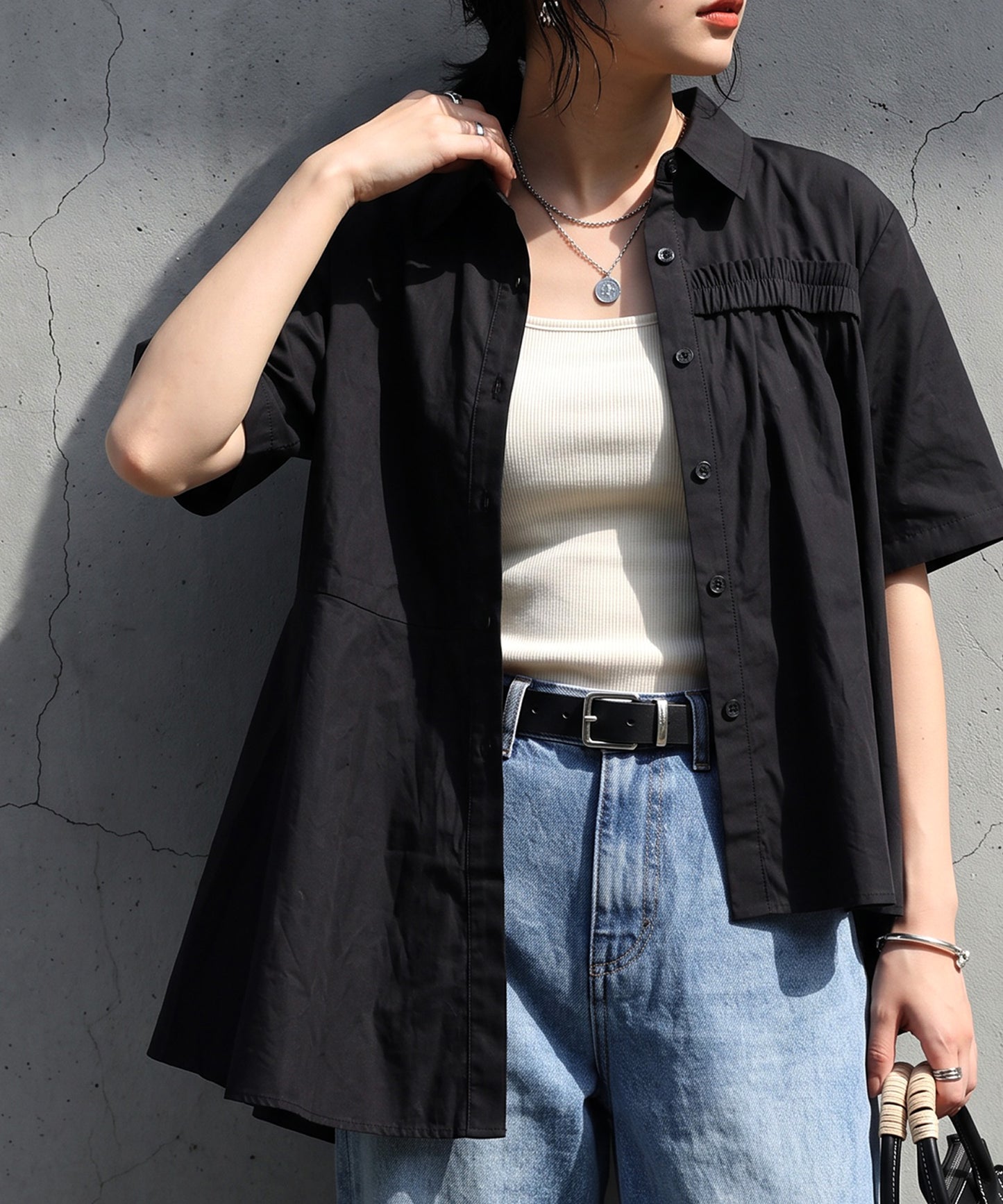 100% Cotton Asymmetrical Shirring Flare Shirt Ladies