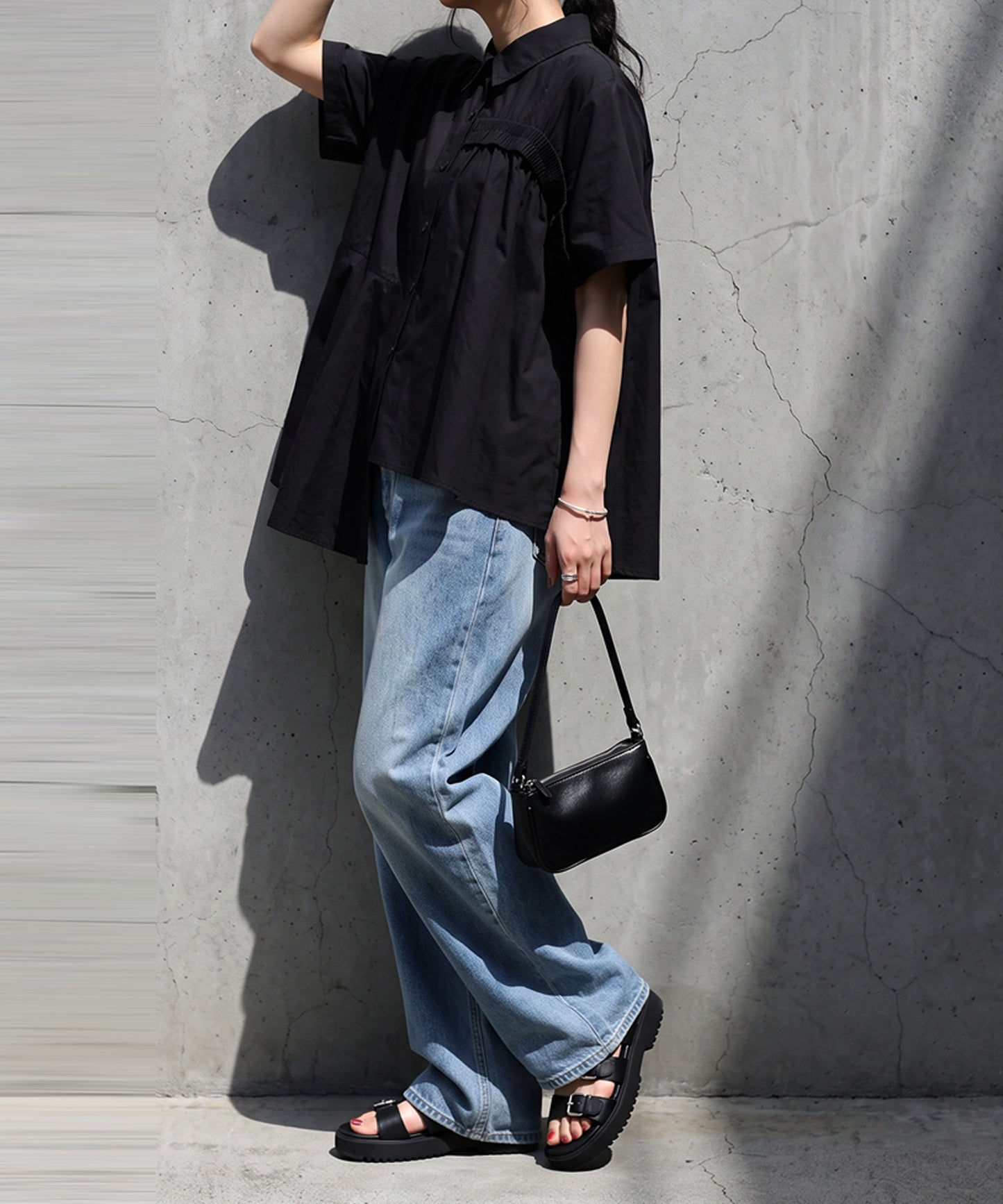 100% Cotton Asymmetrical Shirring Flare Shirt Ladies