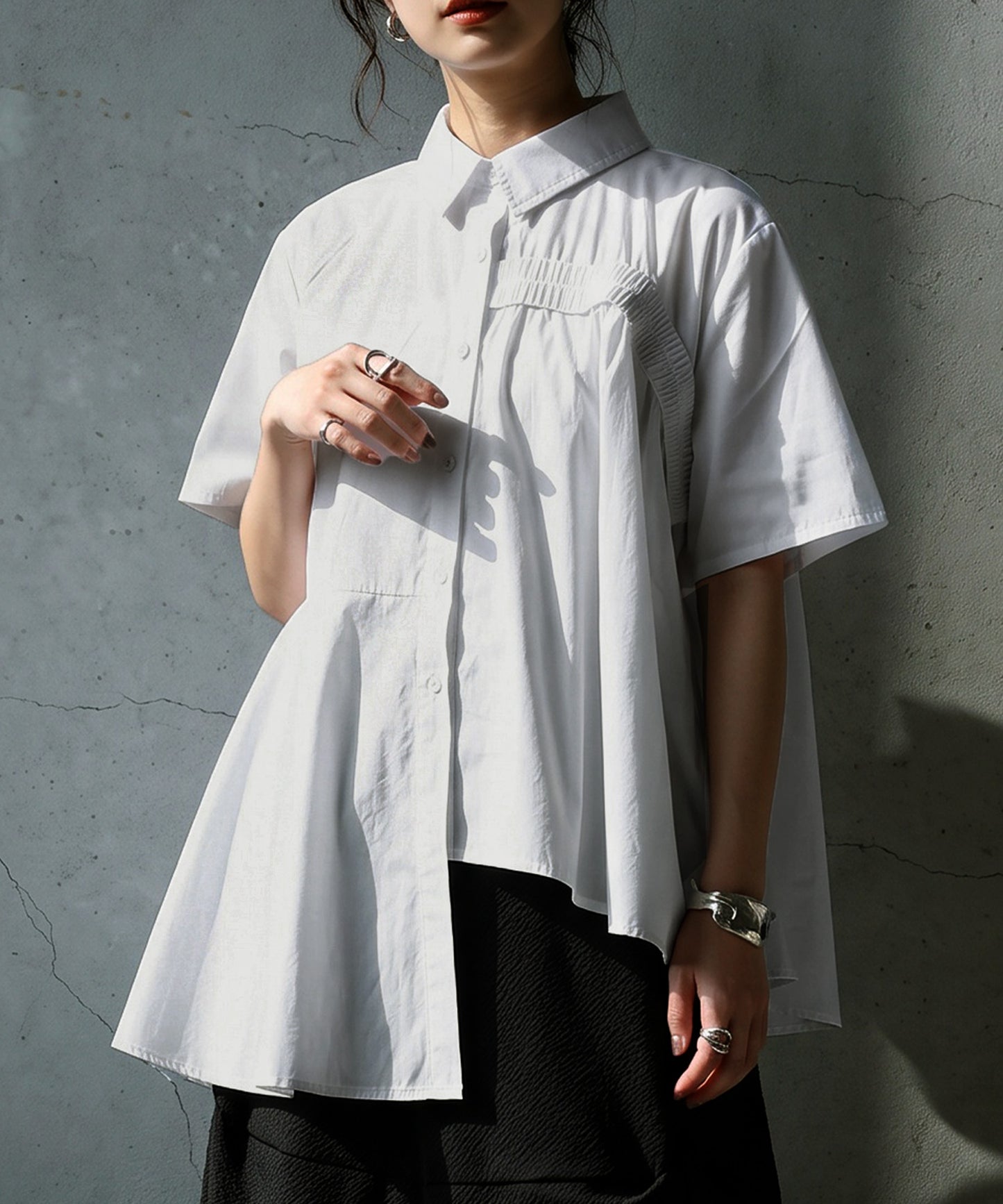 100% Cotton Asymmetrical Shirring Flare Shirt Ladies