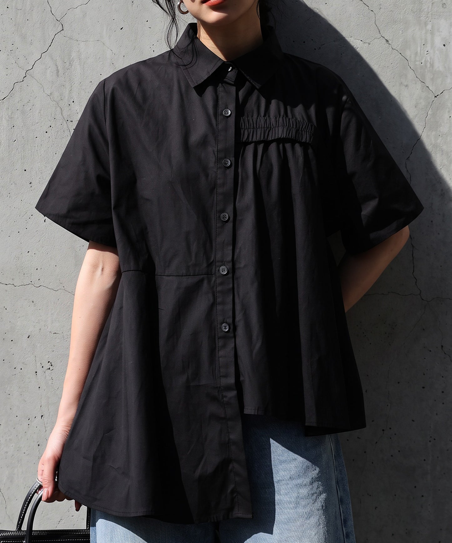 100% Cotton Asymmetrical Shirring Flare Shirt Ladies