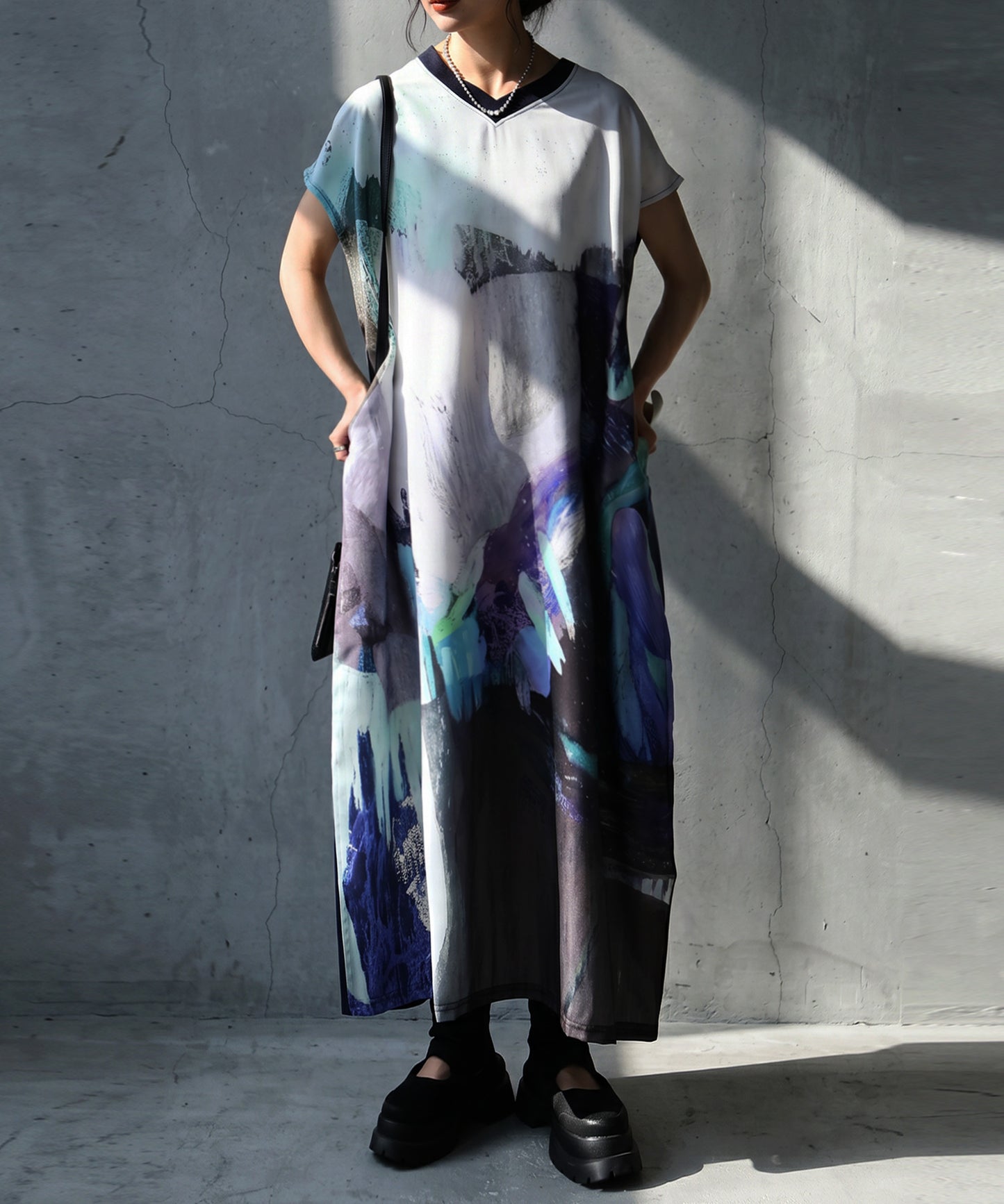 French Sleeve A-Line Art Print Dress Ladies