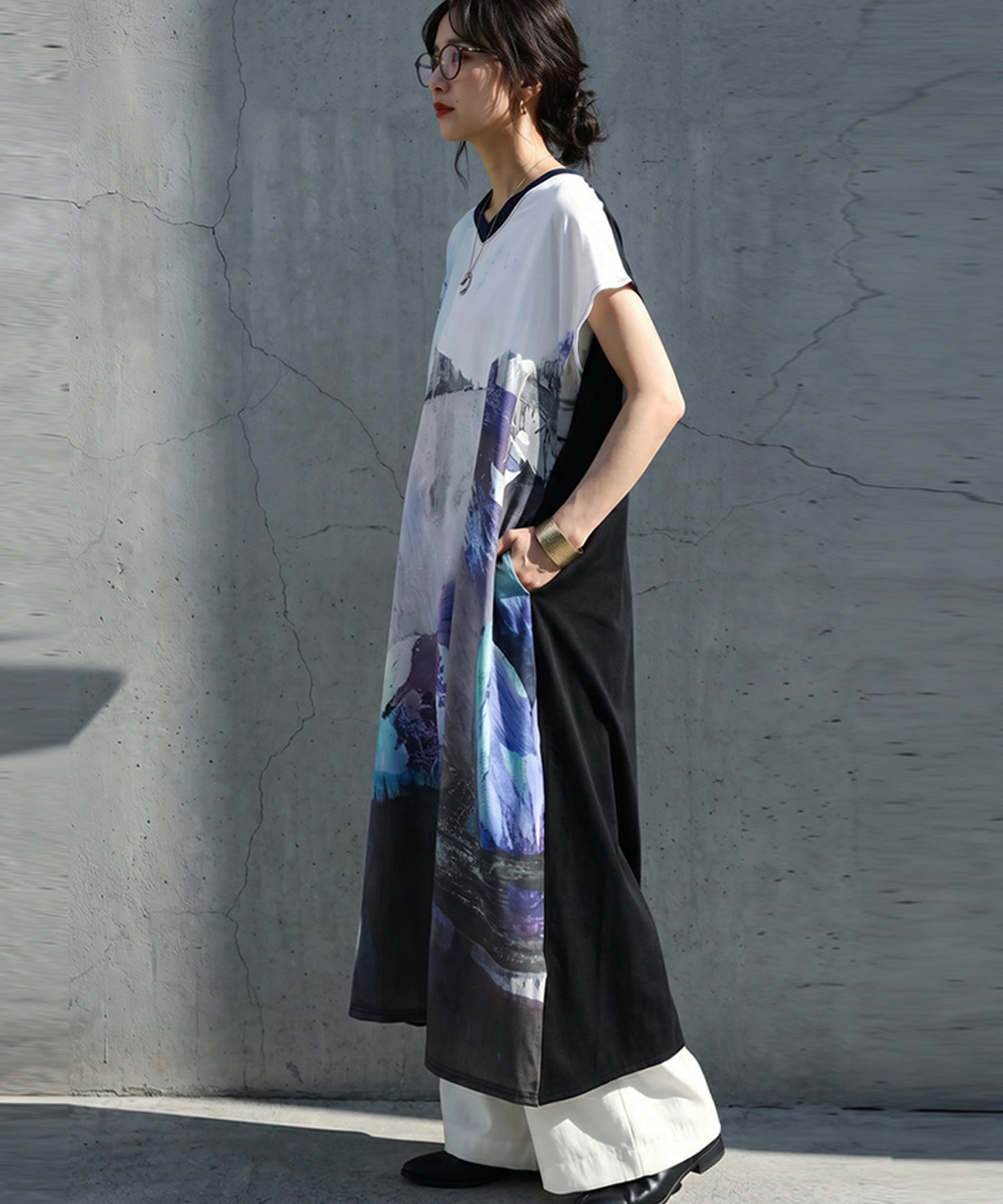 French Sleeve A-Line Art Print Dress Ladies