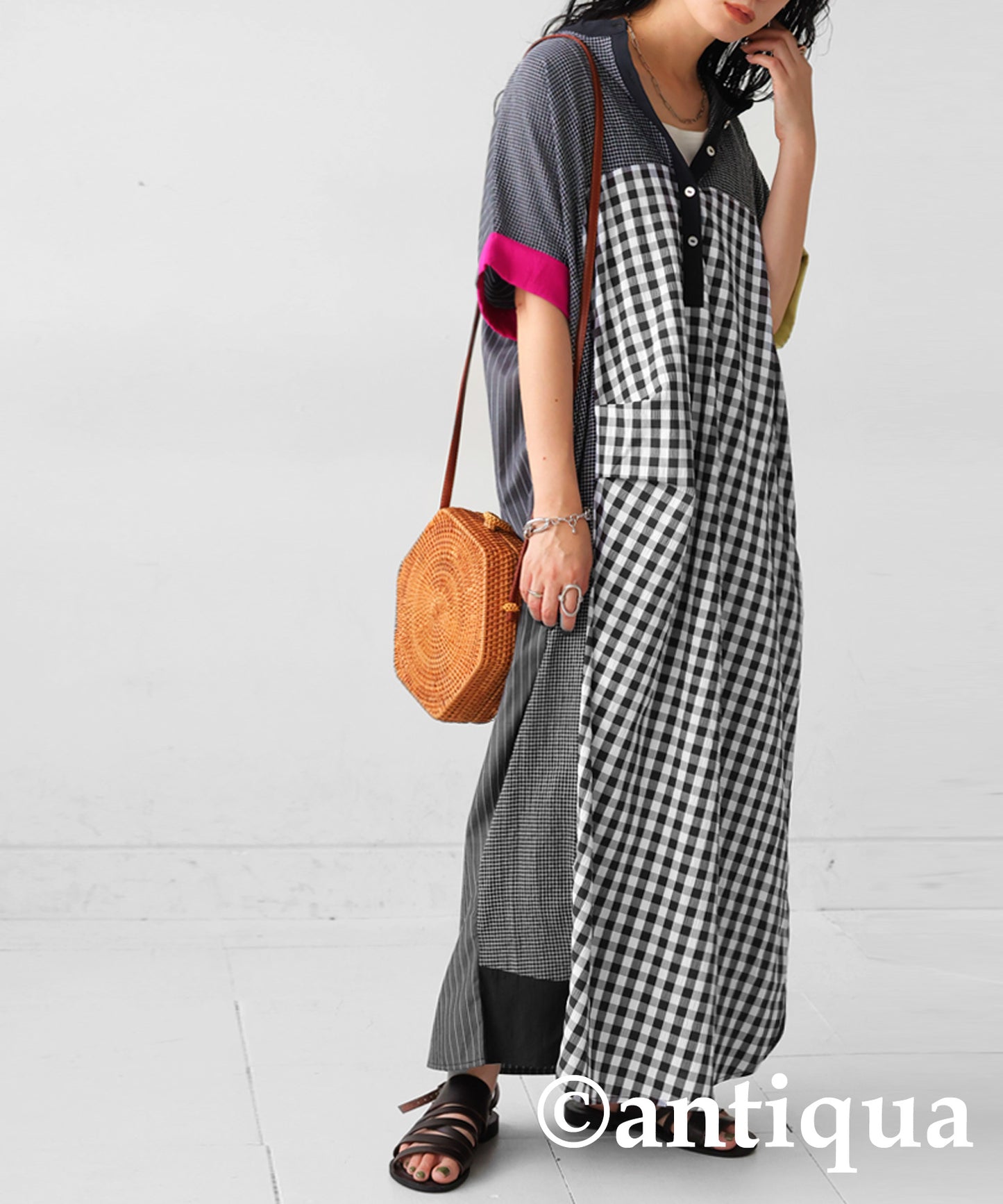 Ladies short sleeves long casual dress Gingham check × vertical stripes