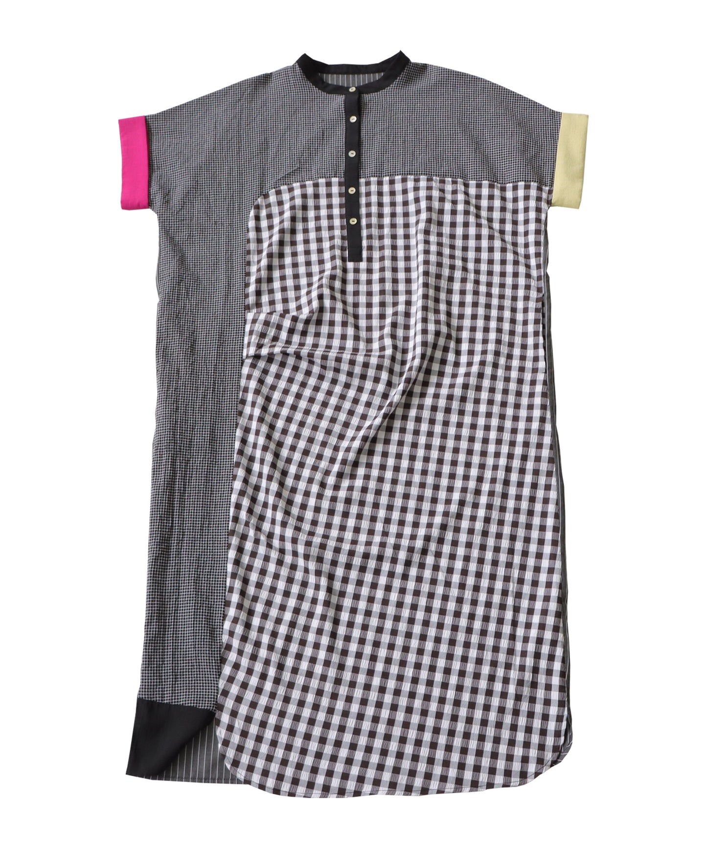 Ladies short sleeves long casual dress Gingham check × vertical stripes