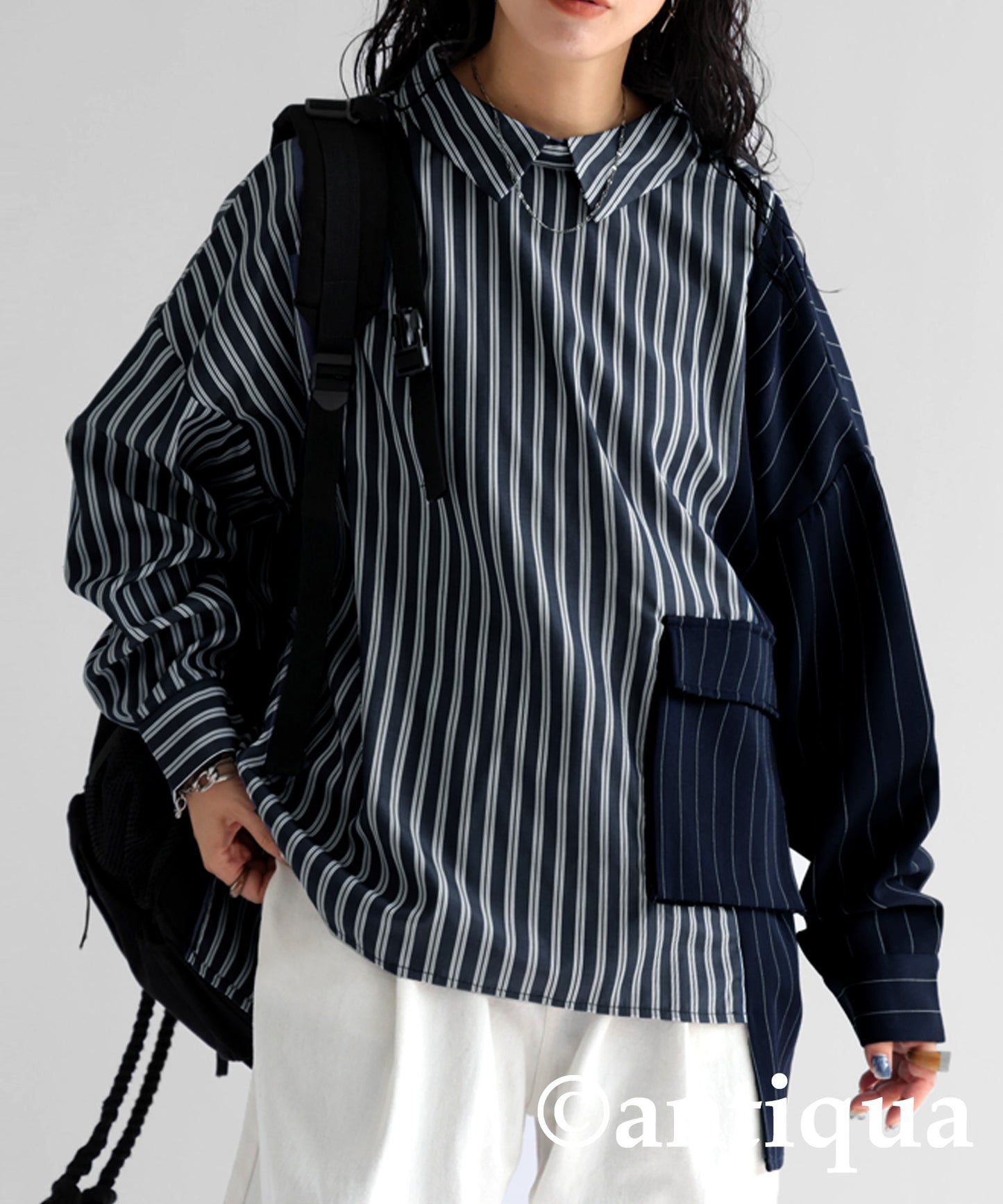 Stripe pattern switching shirt Ladies