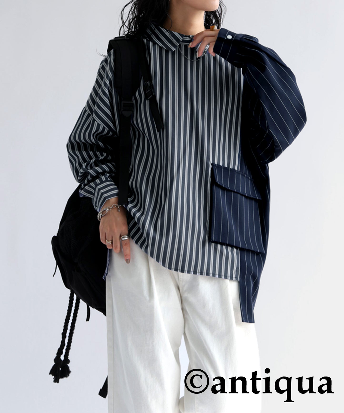 Stripe pattern switching shirt Ladies