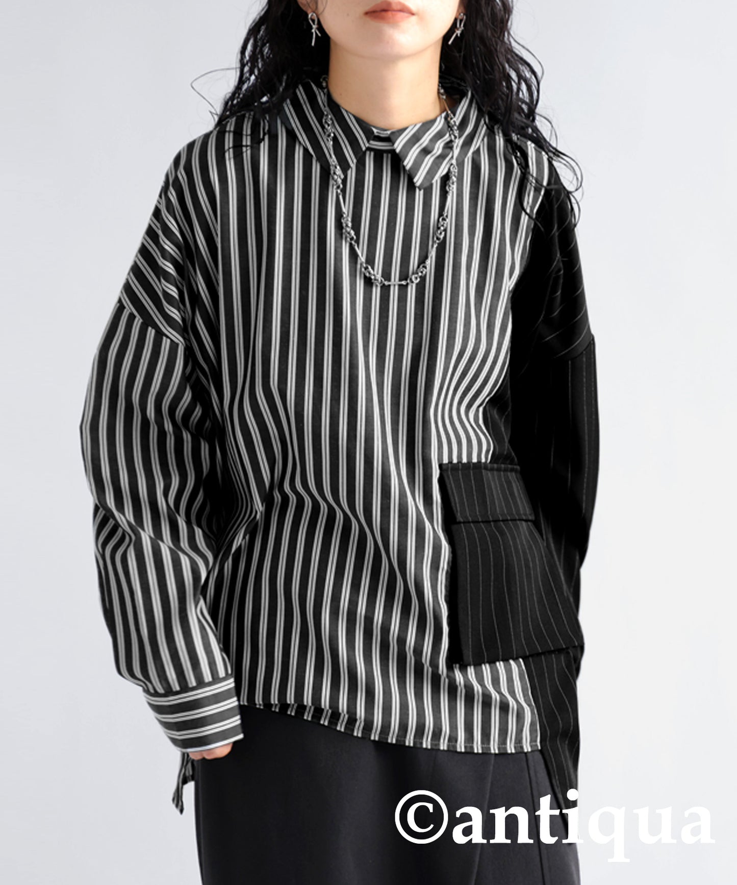 Stripe pattern switching shirt Ladies