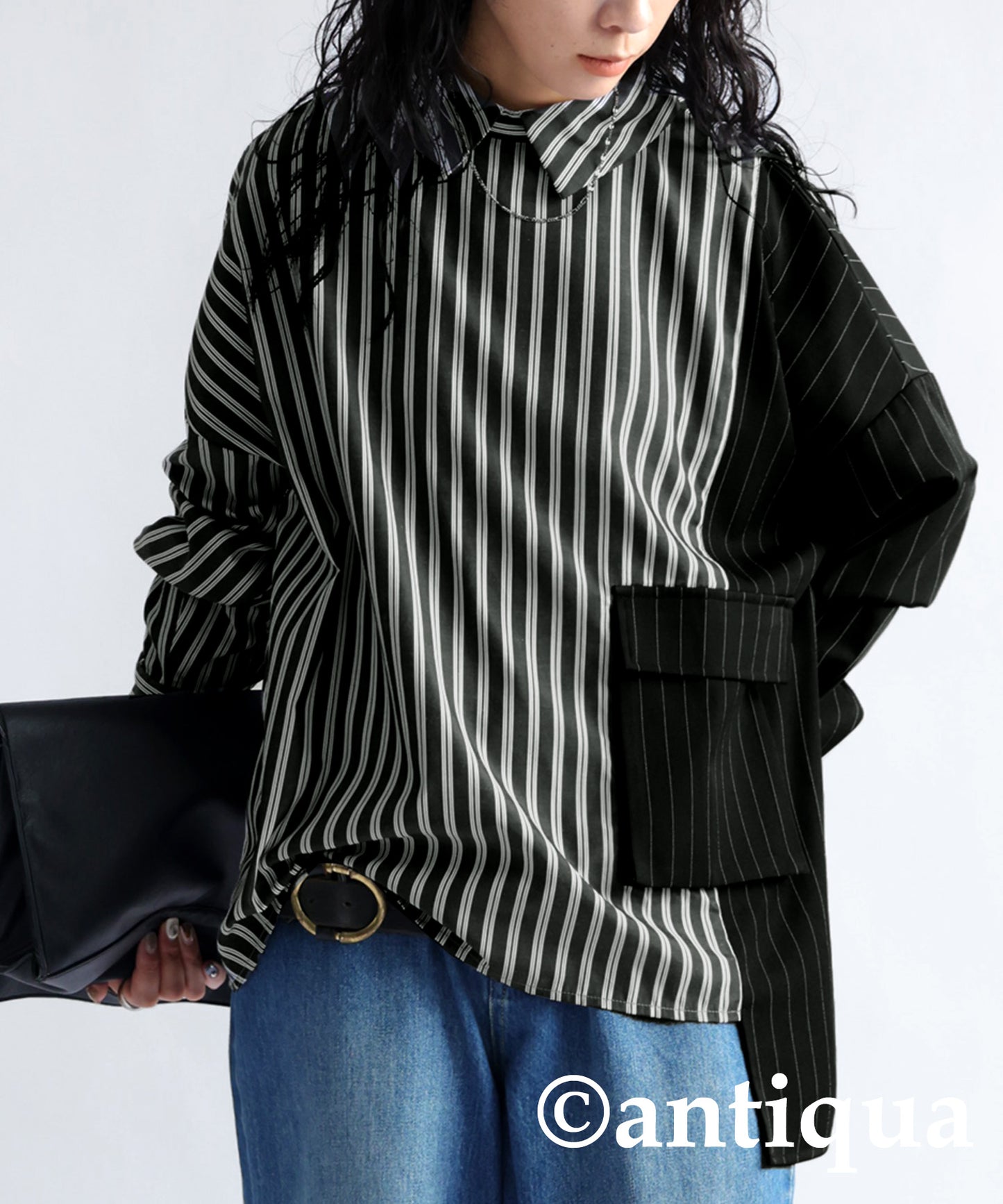 Stripe pattern switching shirt Ladies