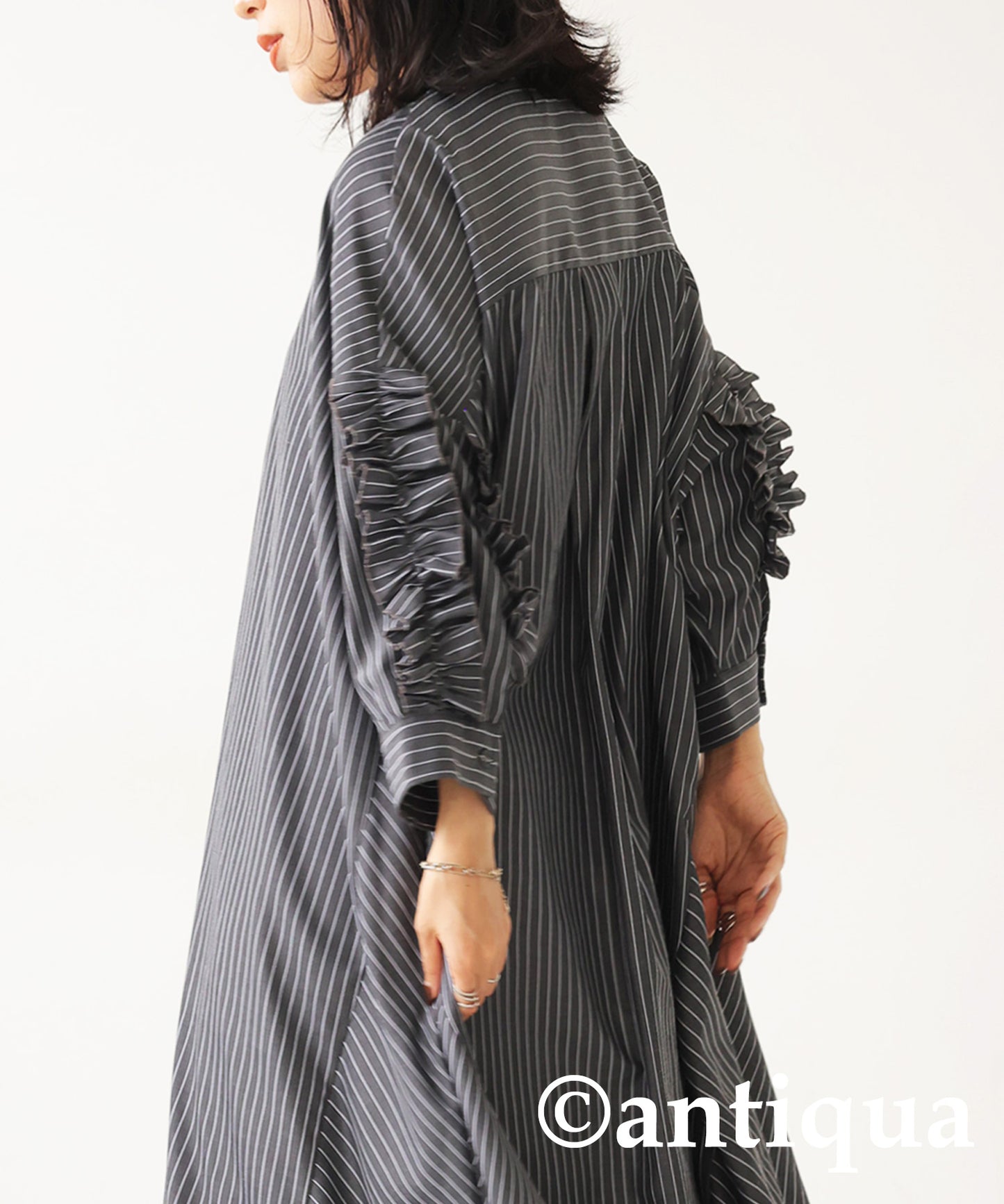 Striped pattern gathered frill dress Ladies