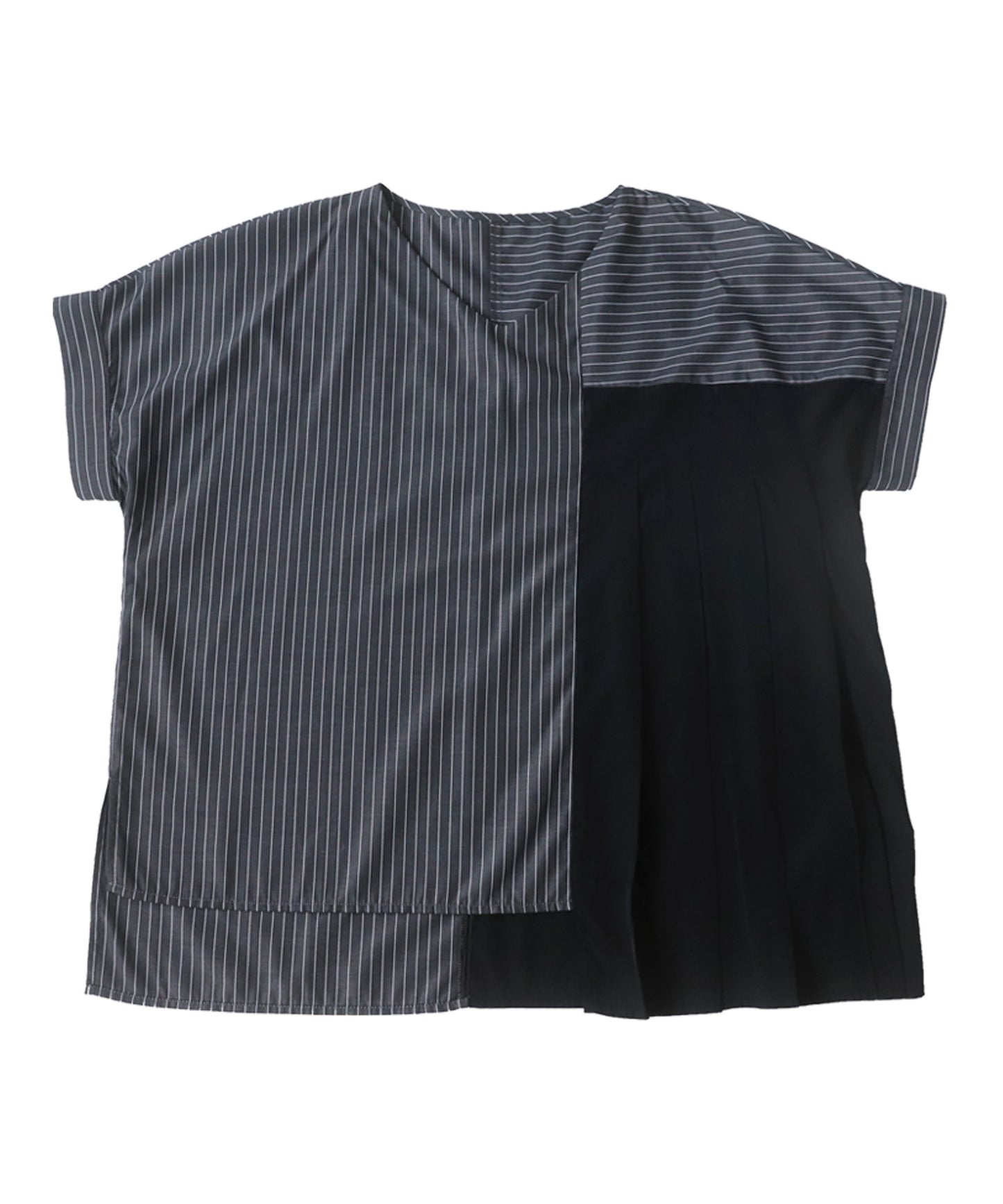 Ladies vertical striped blouse with pleats short sleeves