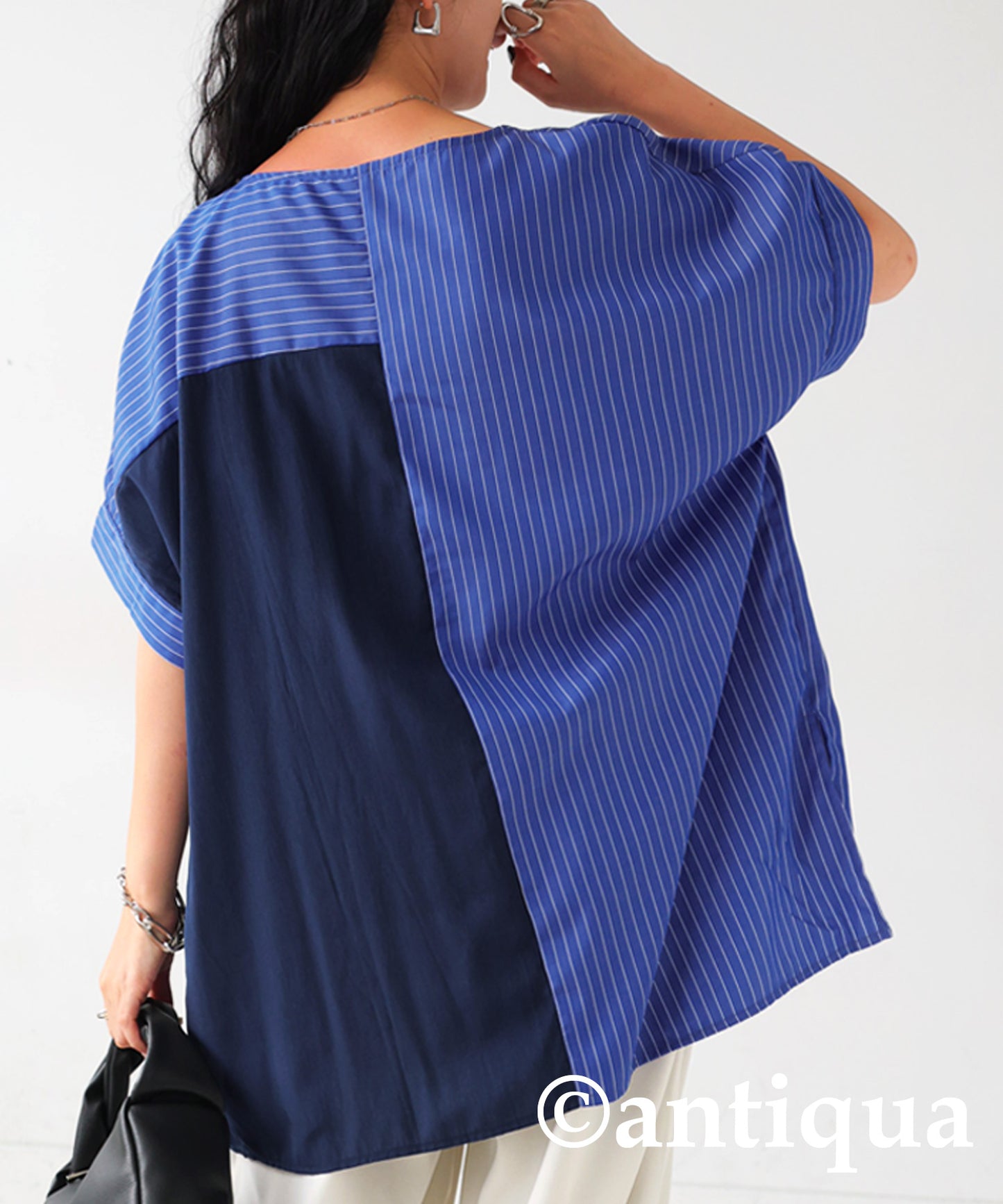 Ladies vertical striped blouse with pleats short sleeves