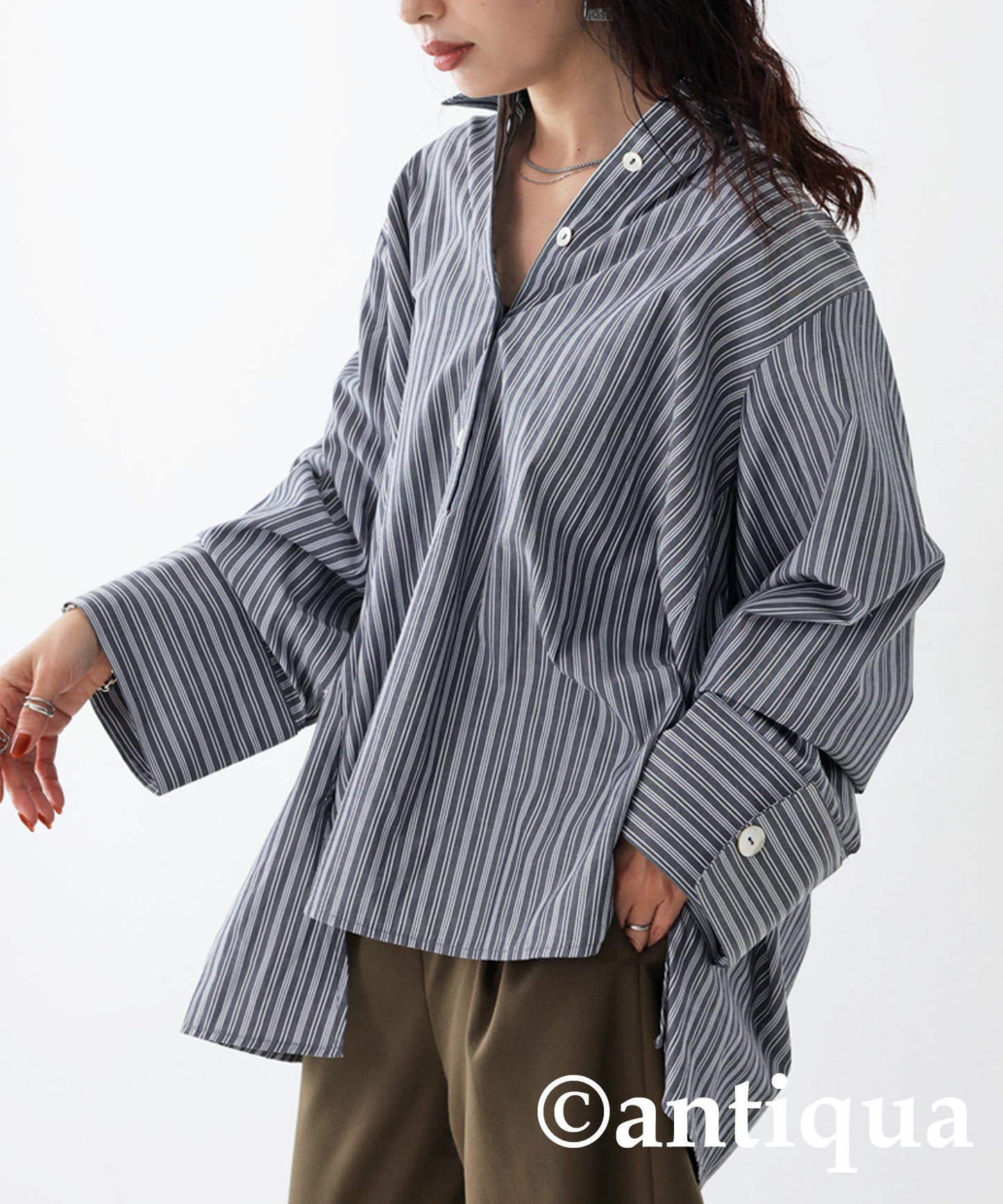 Smooth Fabric Striped Shirt Ladies