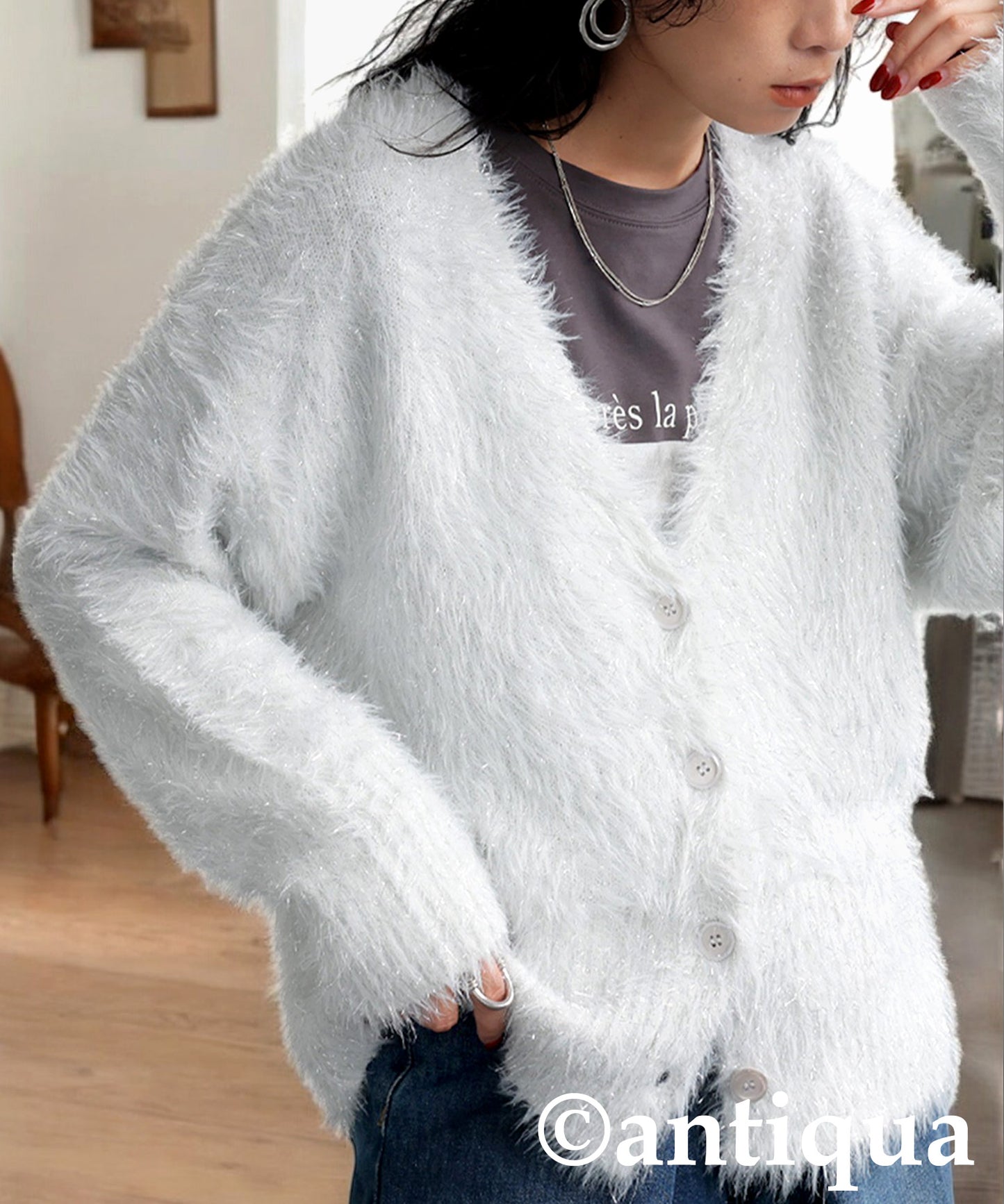 Glitter Shaggy Knit Cardigan Ladies