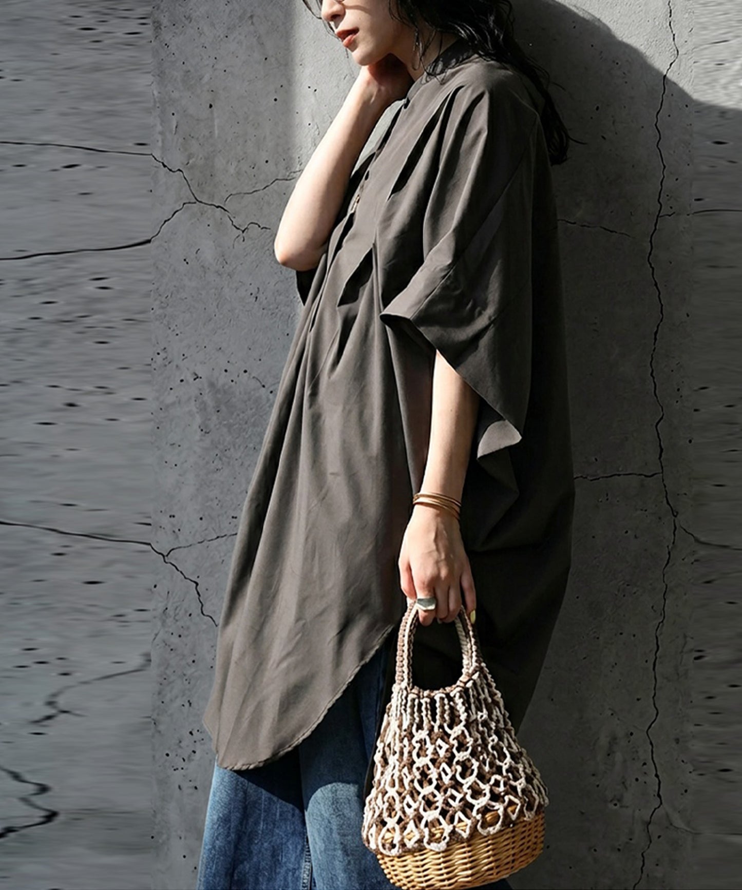 Band Collar, Five-Quarter Sleeve Long Shirt Ladies