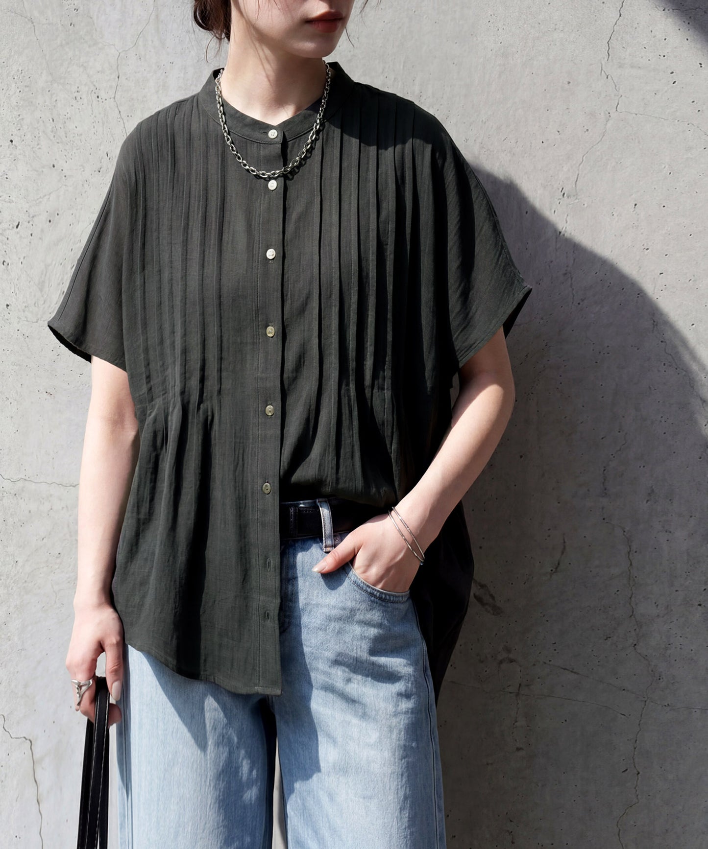Band Collar Pintuck Shirt Ladies