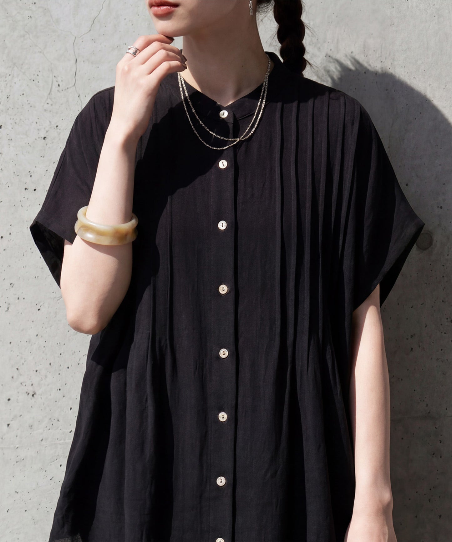 Band Collar Pintuck Shirt Ladies