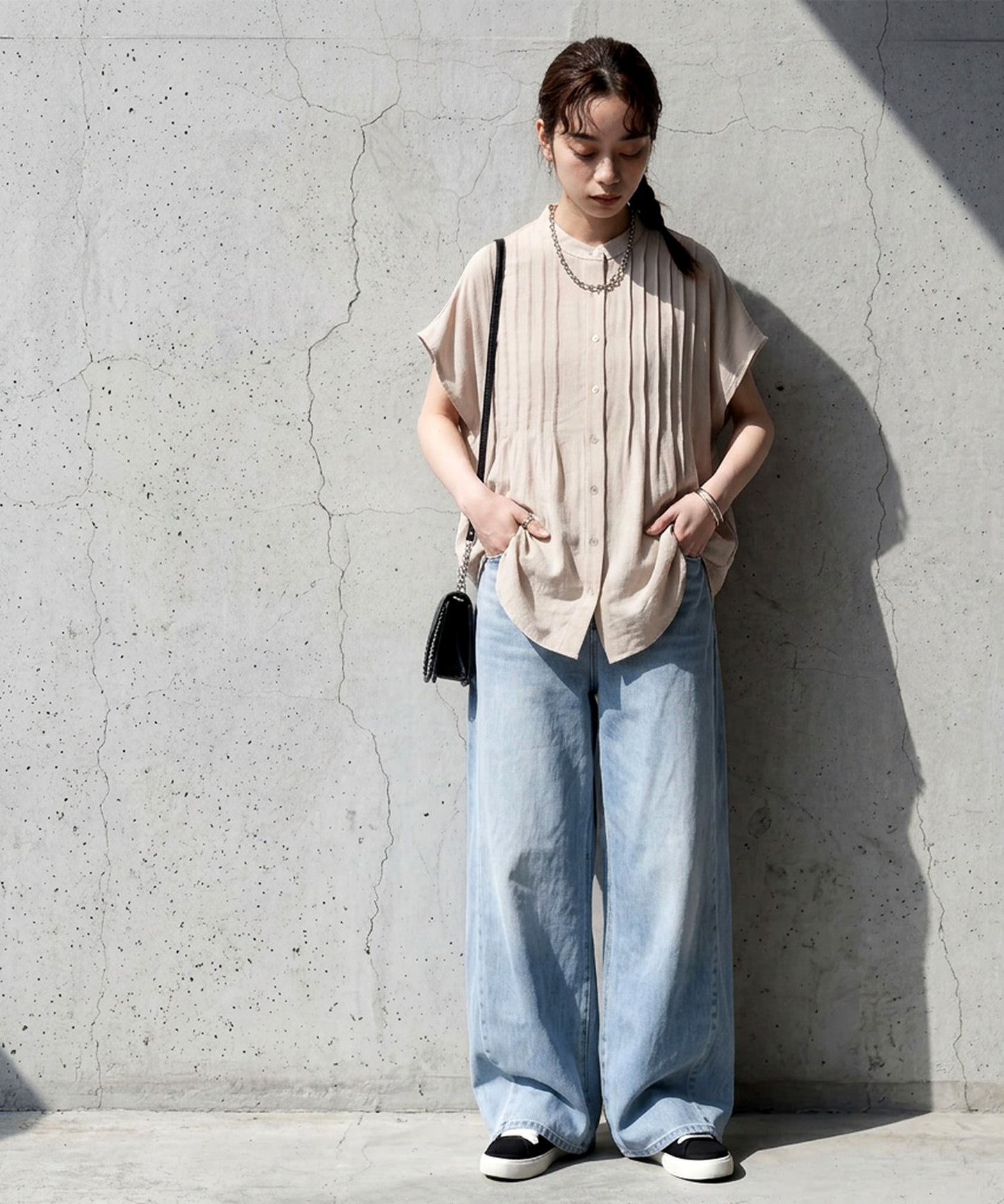 Band Collar Pintuck Shirt Ladies