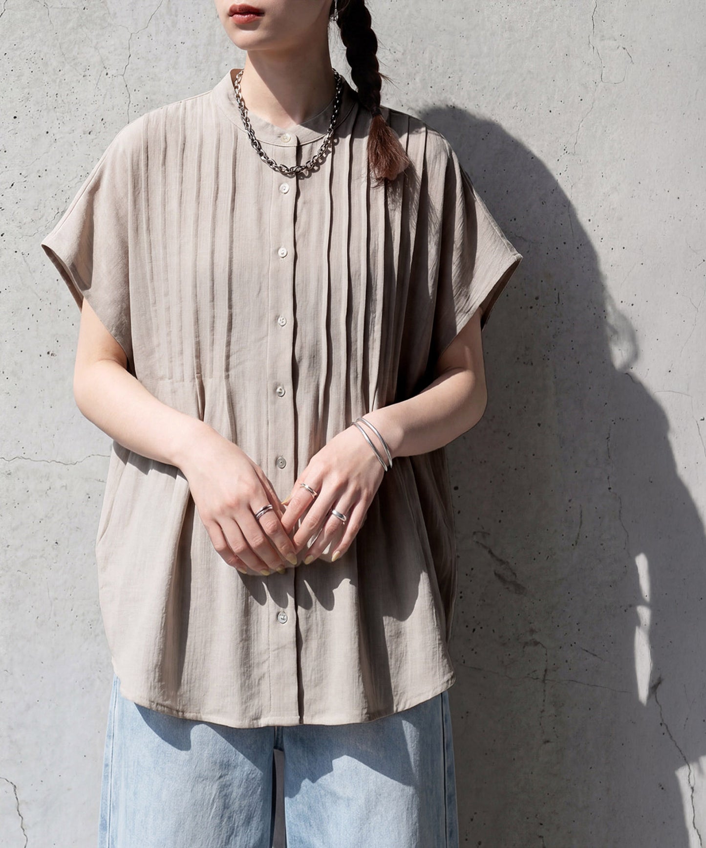 Band Collar Pintuck Shirt Ladies