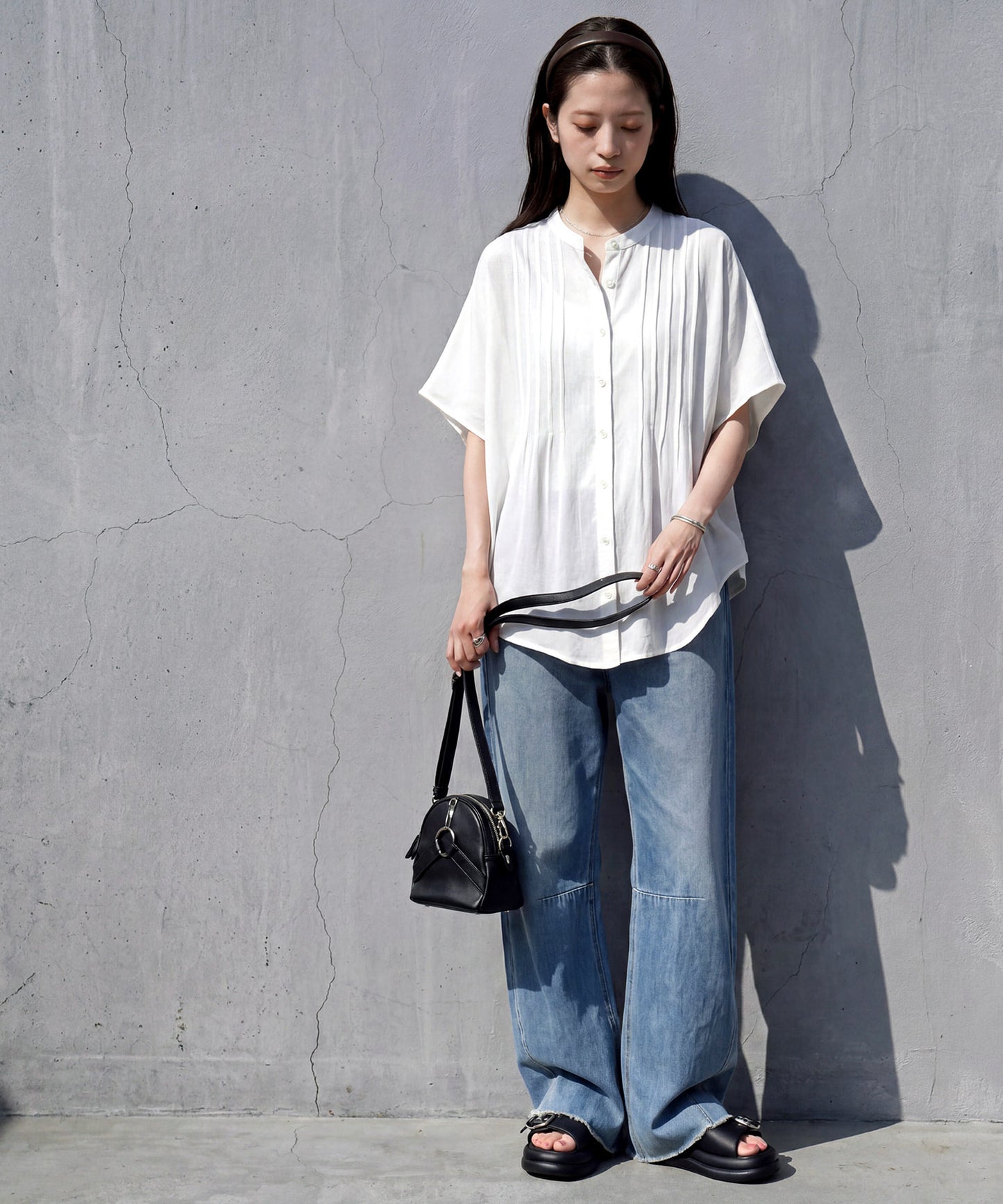 Band Collar Pintuck Shirt Ladies