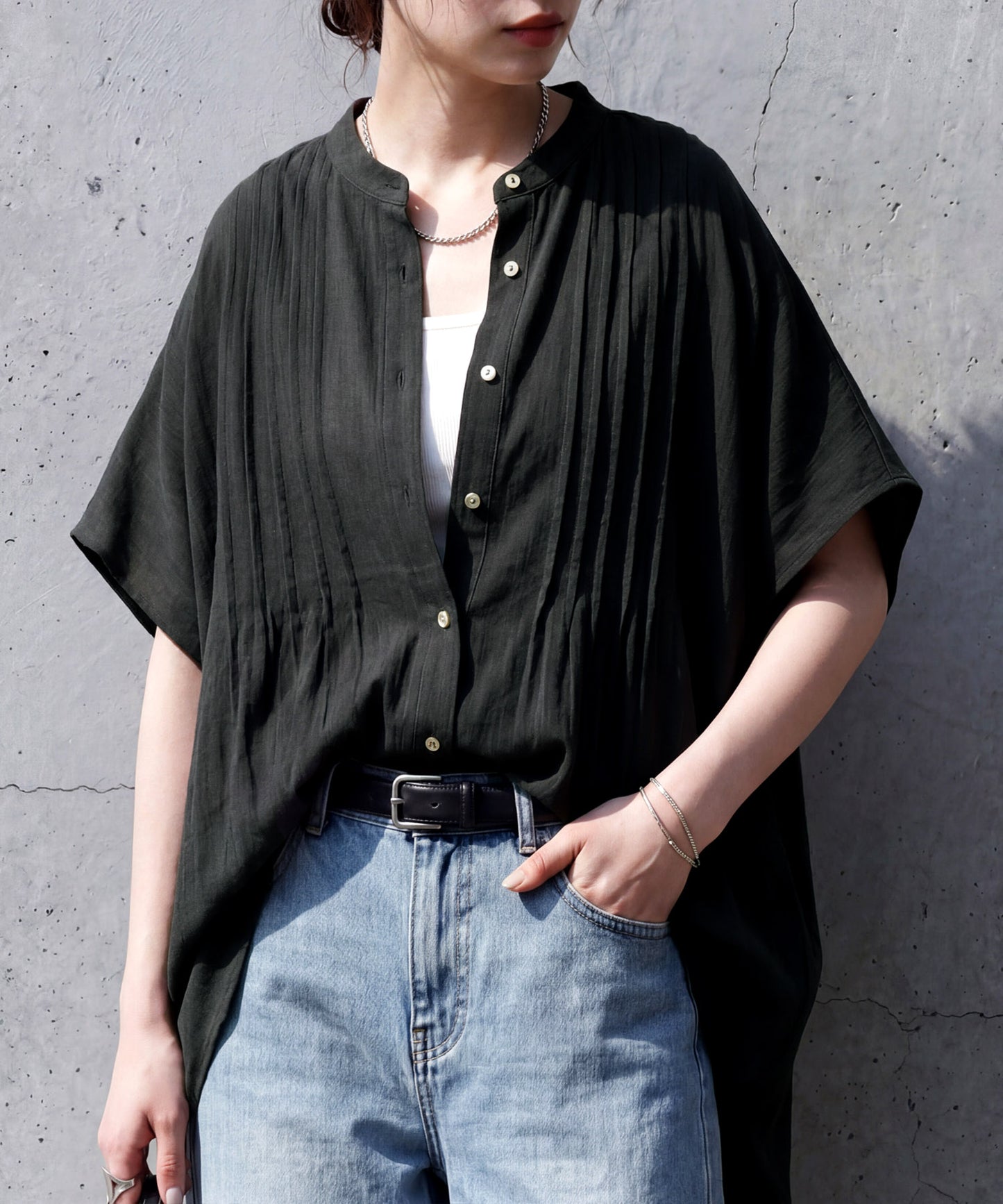 Band Collar Pintuck Shirt Ladies