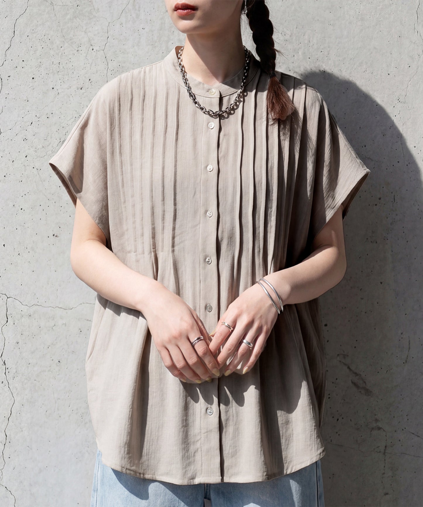 Band Collar Pintuck Shirt Ladies