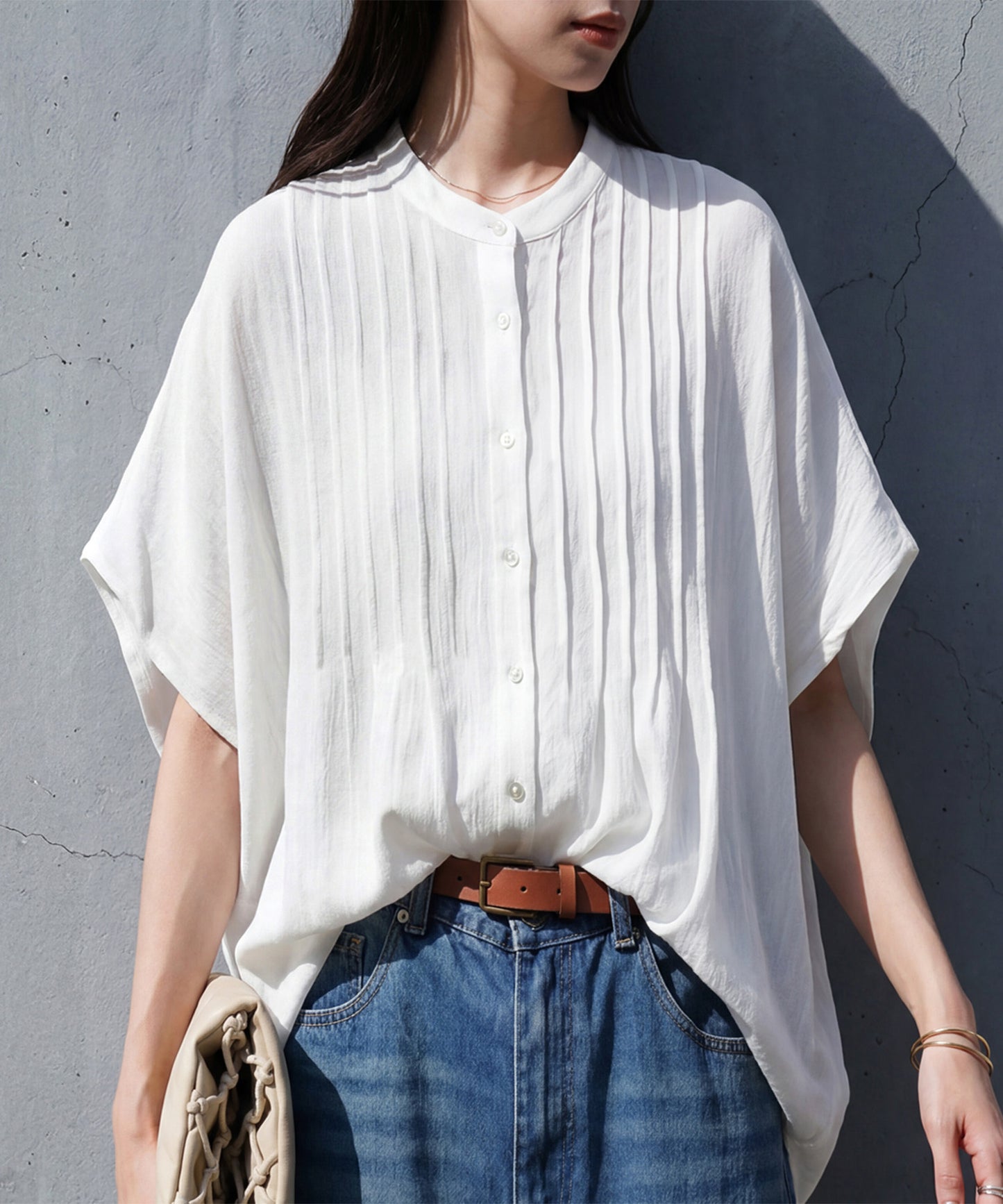Band Collar Pintuck Shirt Ladies