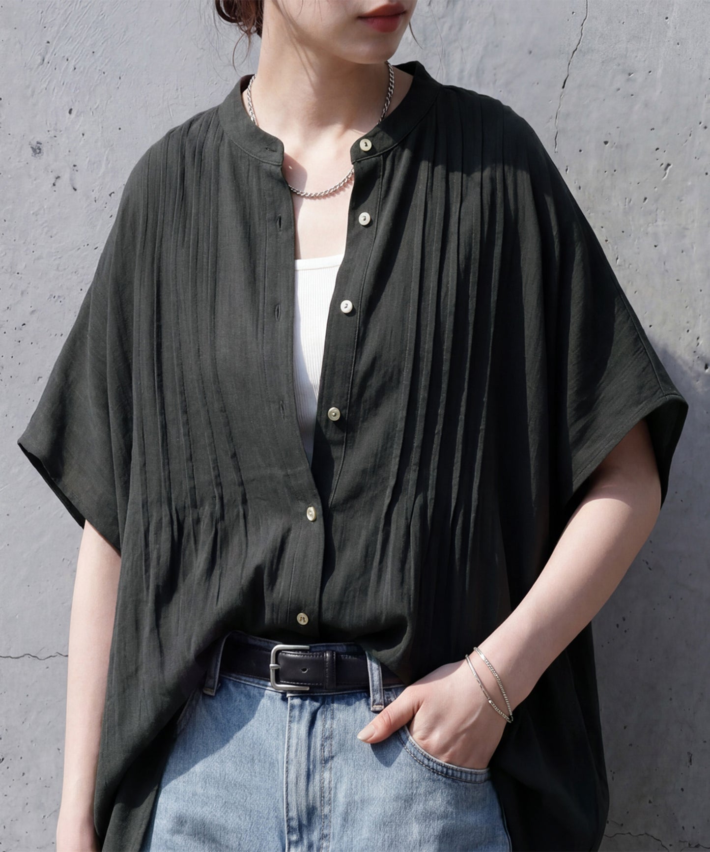 Band Collar Pintuck Shirt Ladies