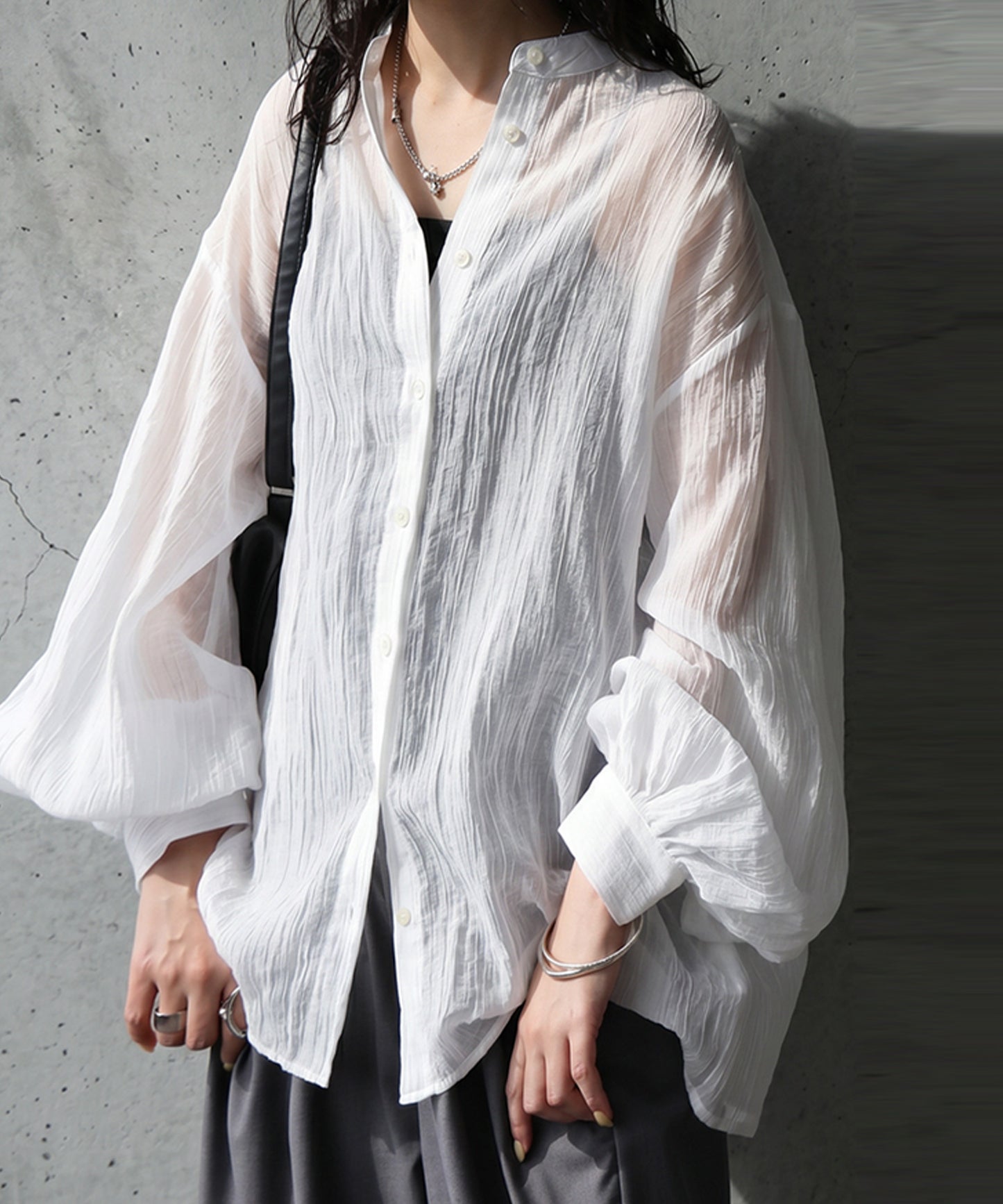 Sheer Band Collar Shirt Ladies