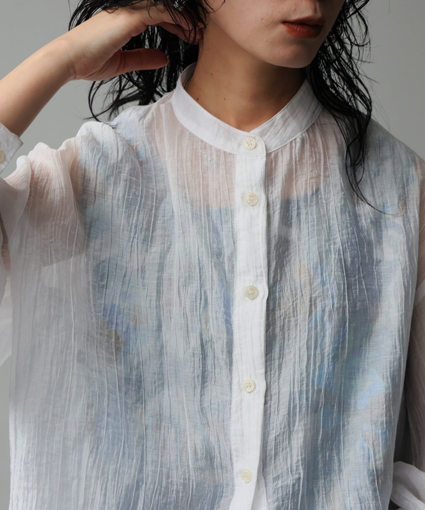 Sheer Band Collar Shirt Ladies