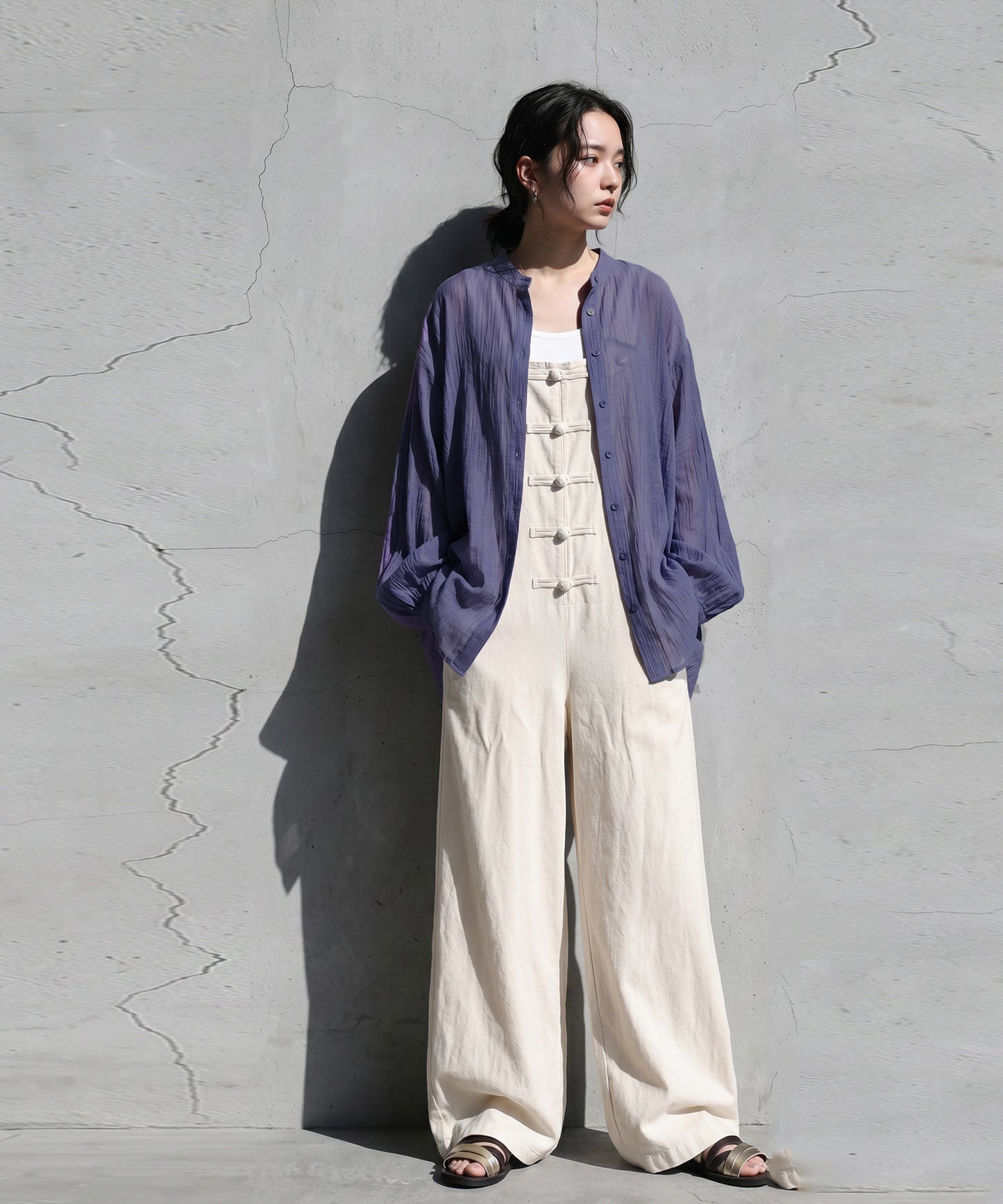 Sheer Band Collar Shirt Ladies