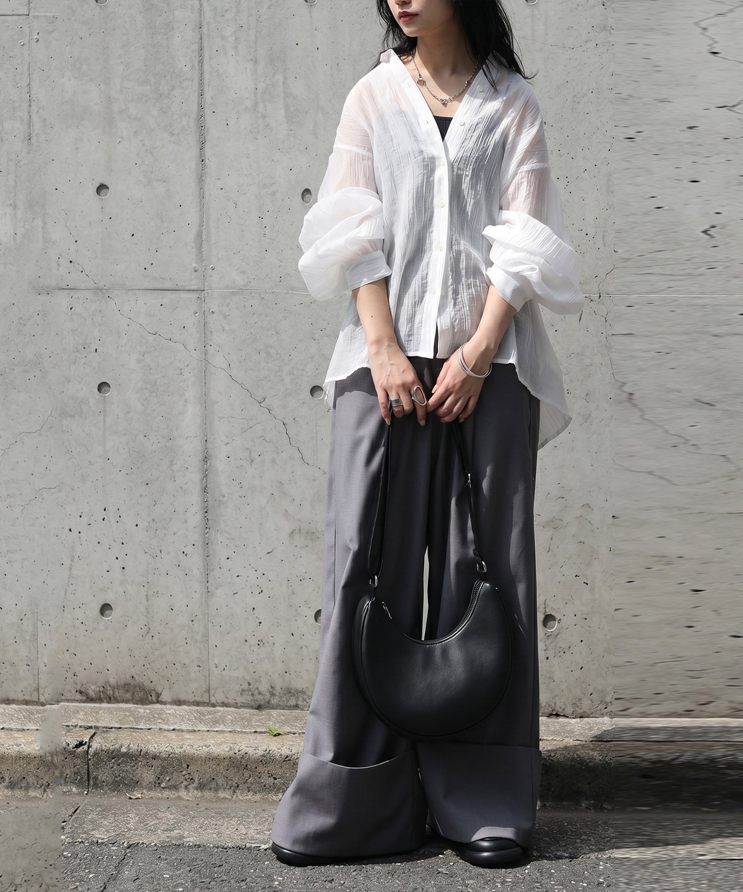 Sheer Band Collar Shirt Ladies