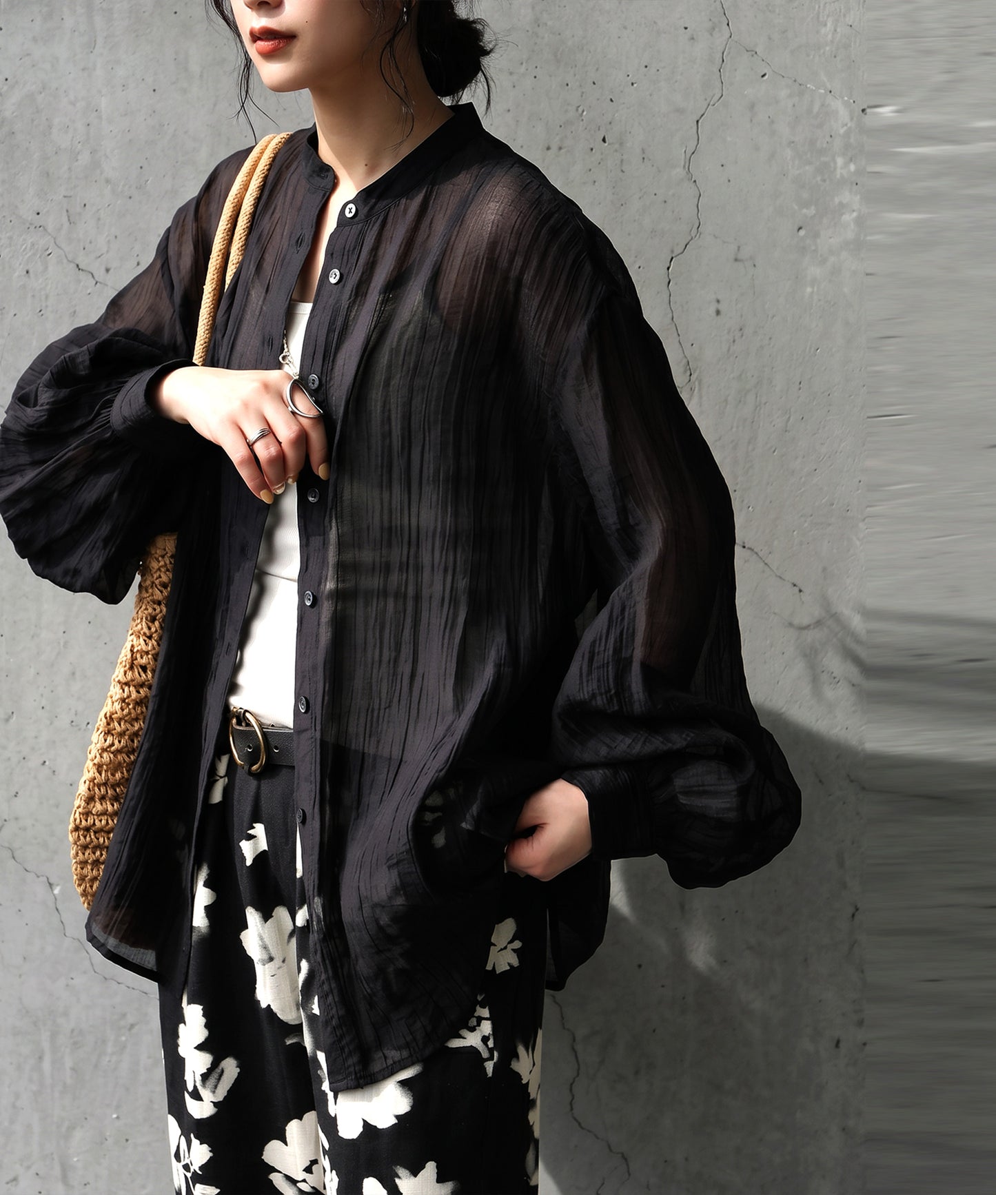 Sheer Band Collar Shirt Ladies