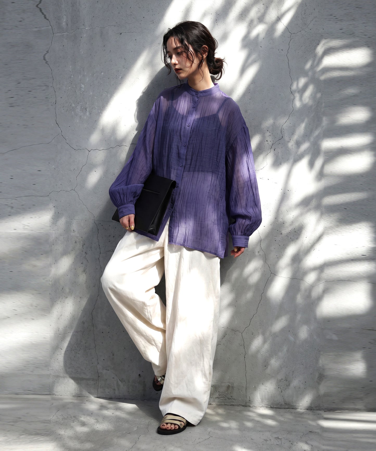 Sheer Band Collar Shirt Ladies