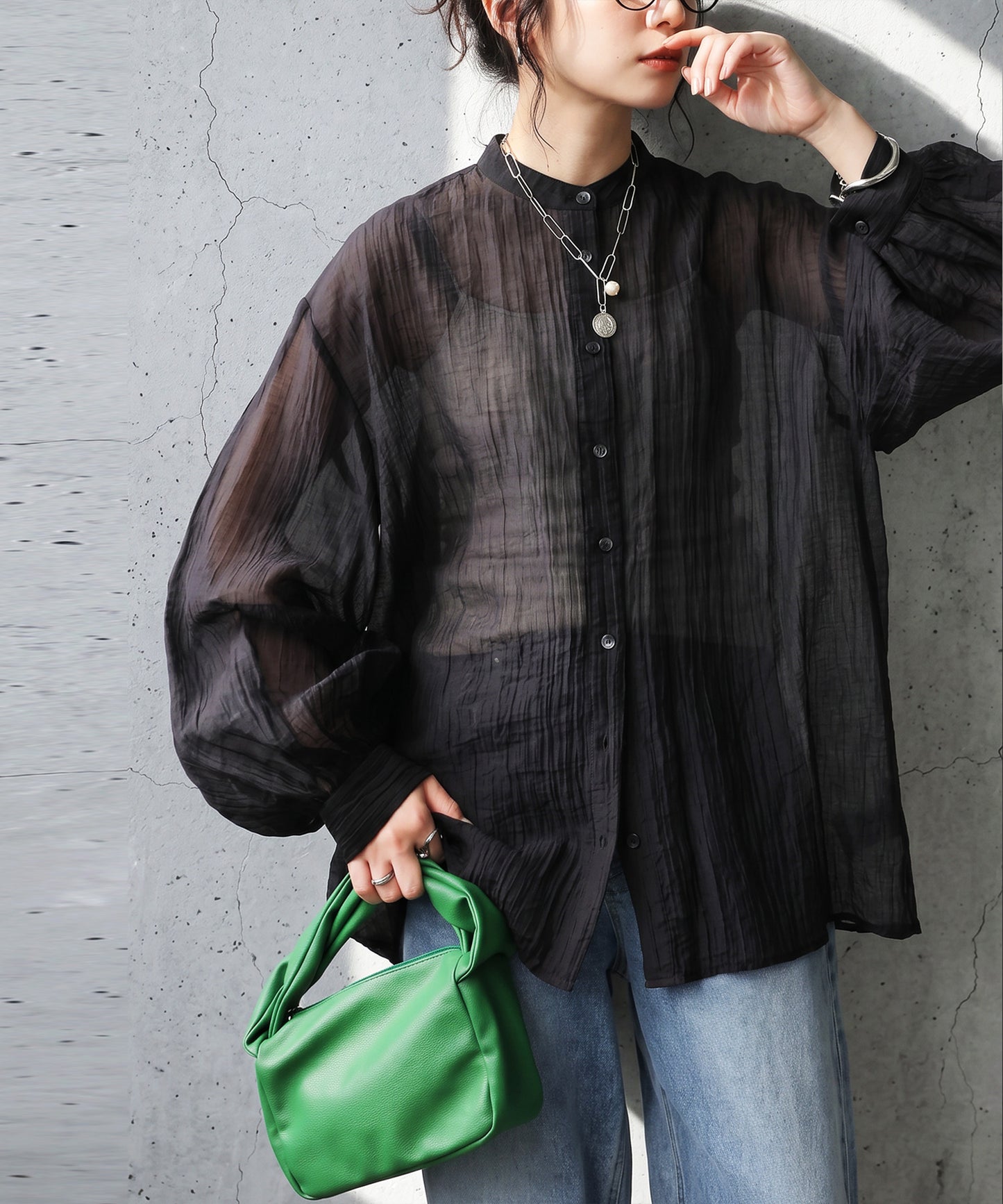 Sheer Band Collar Shirt Ladies