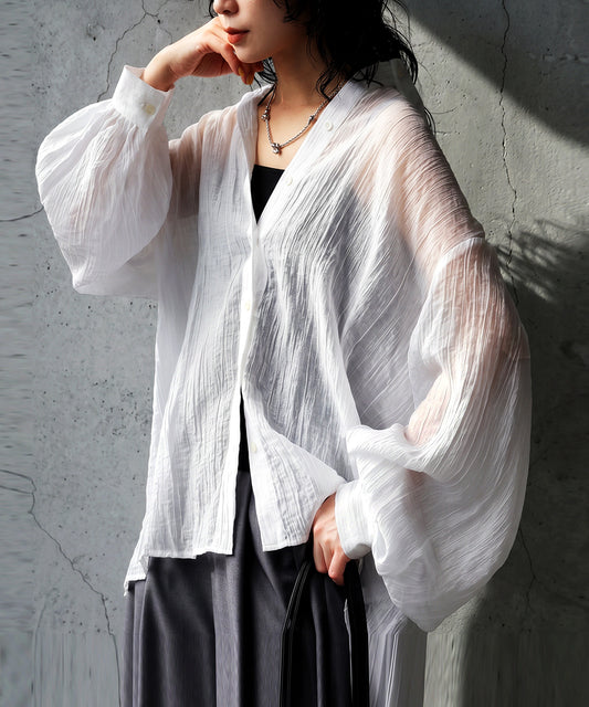 Sheer Band Collar Shirt Ladies