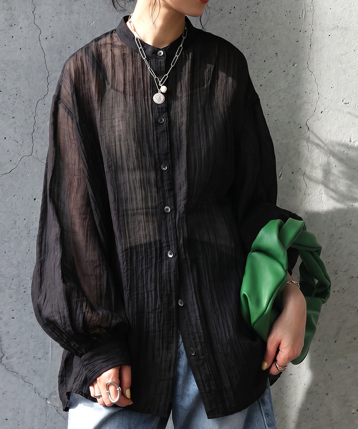 Sheer Band Collar Shirt Ladies
