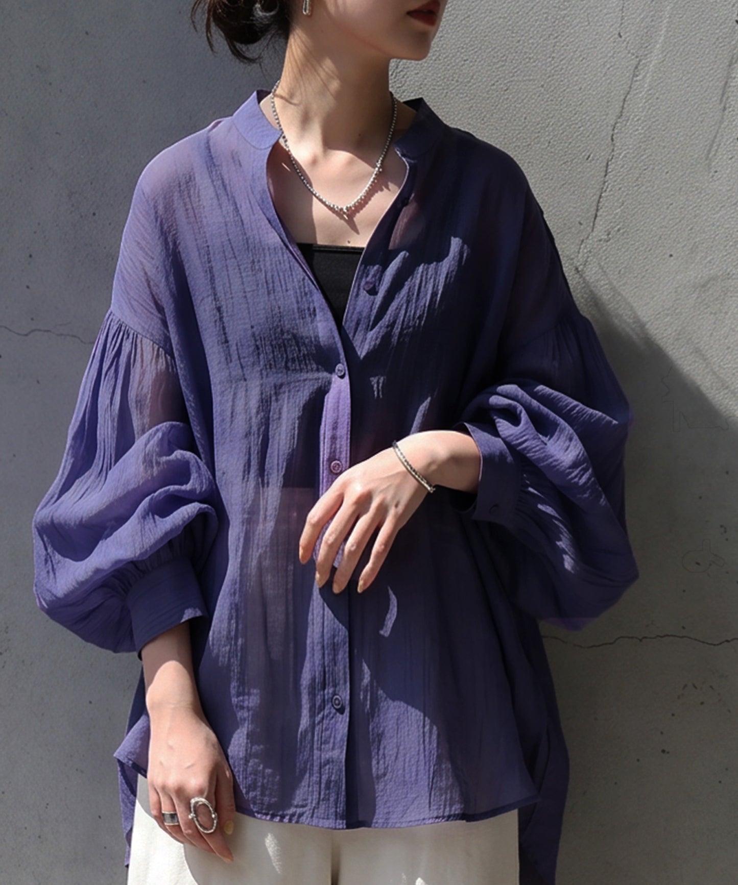 Sheer Band Collar Shirt Ladies