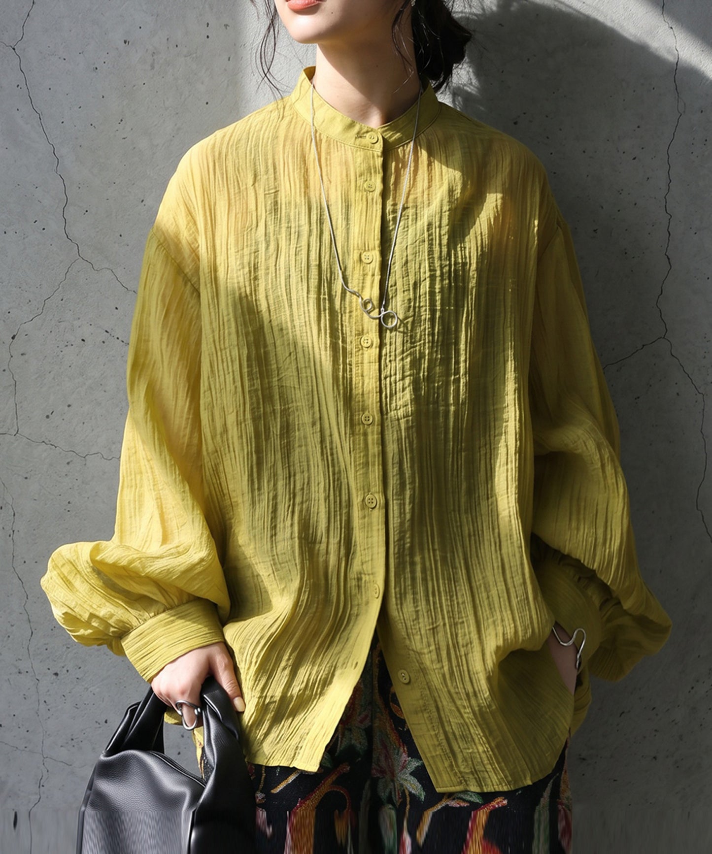 Sheer Band Collar Shirt Ladies