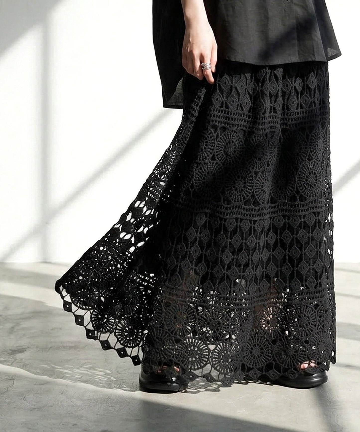 Lace Openwork Flared Skirt Ladies