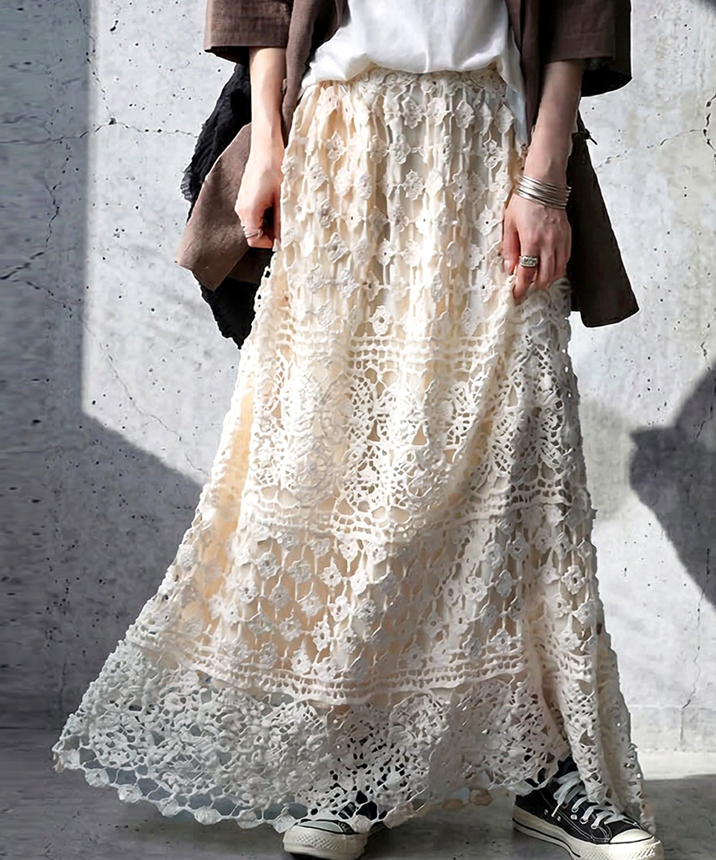 Lace Openwork Flared Skirt Ladies