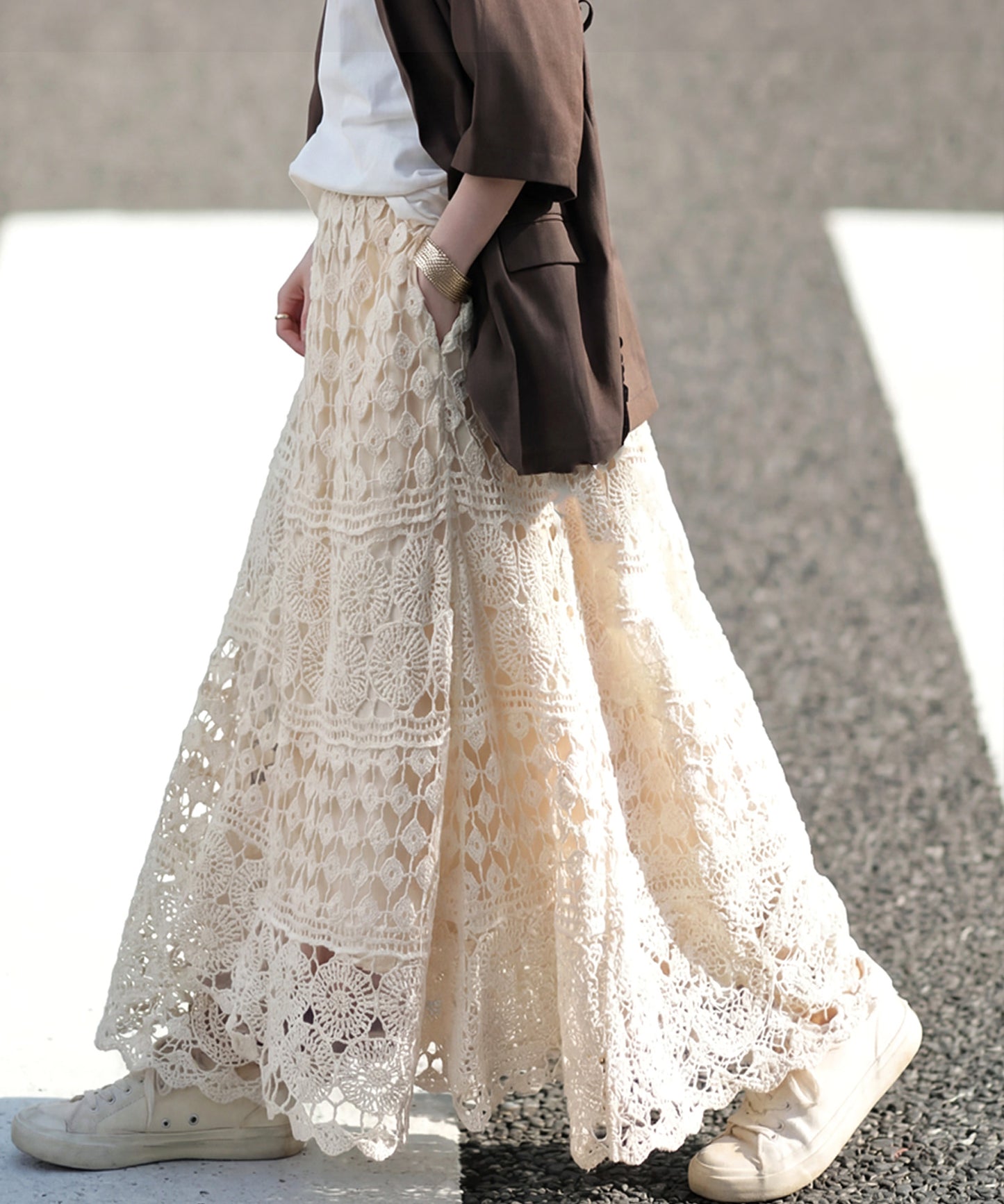 Lace Openwork Flared Skirt Ladies