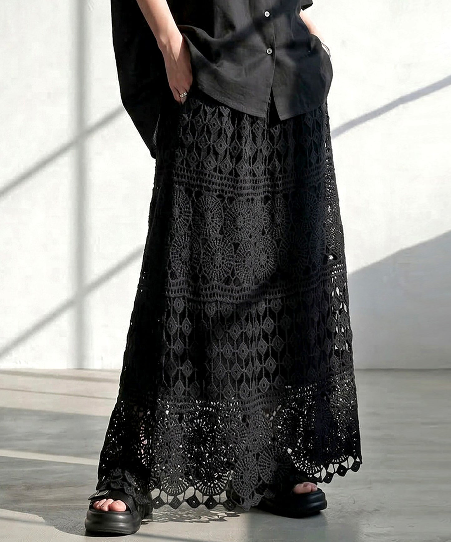 Lace Openwork Flared Skirt Ladies