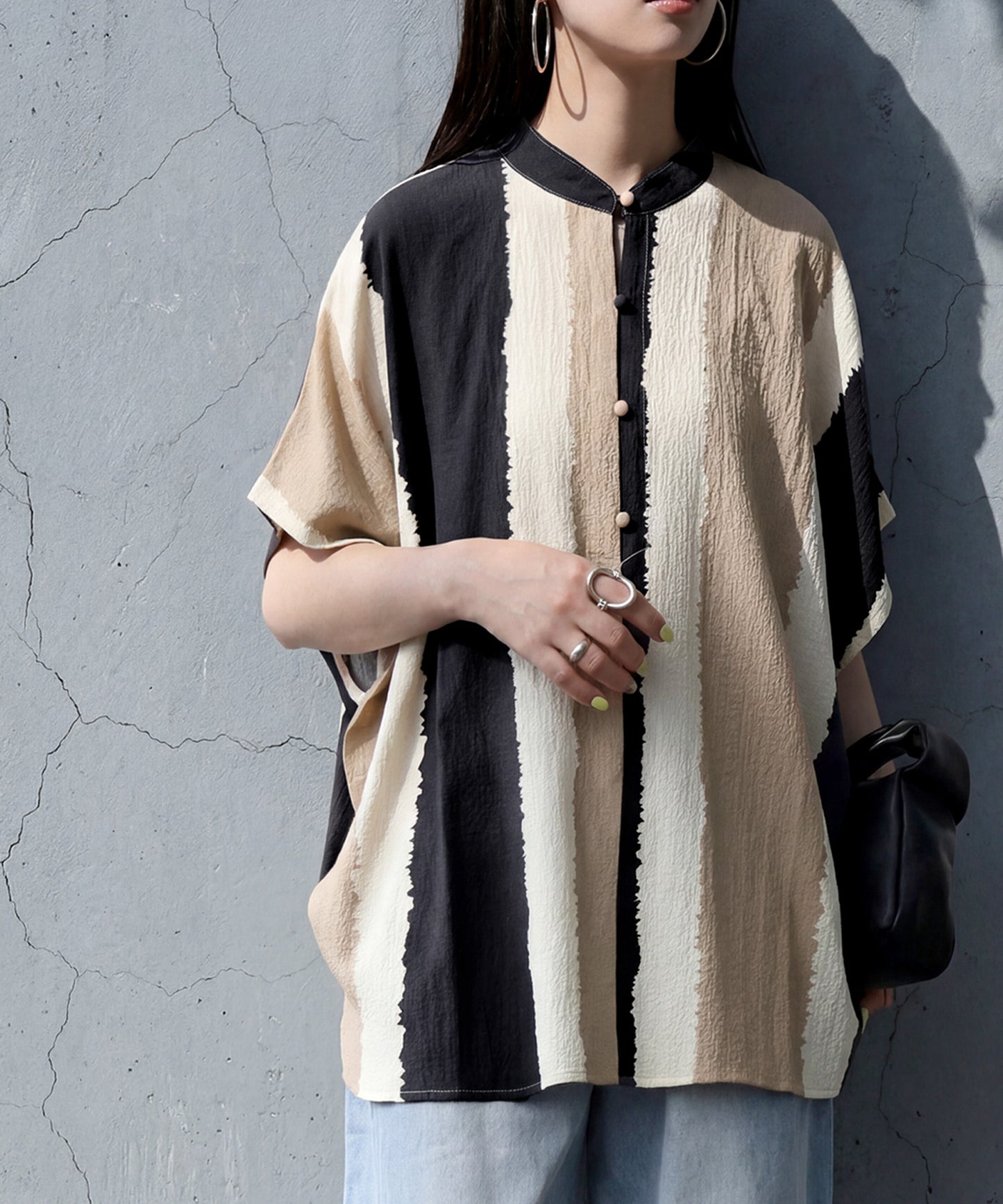 Striped Band Collar Blouse Ladies