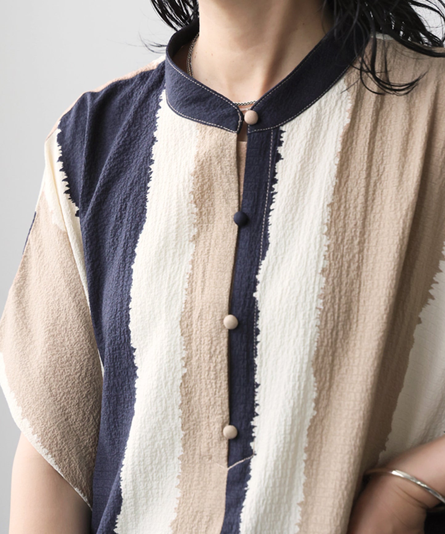 Striped Band Collar Blouse Ladies