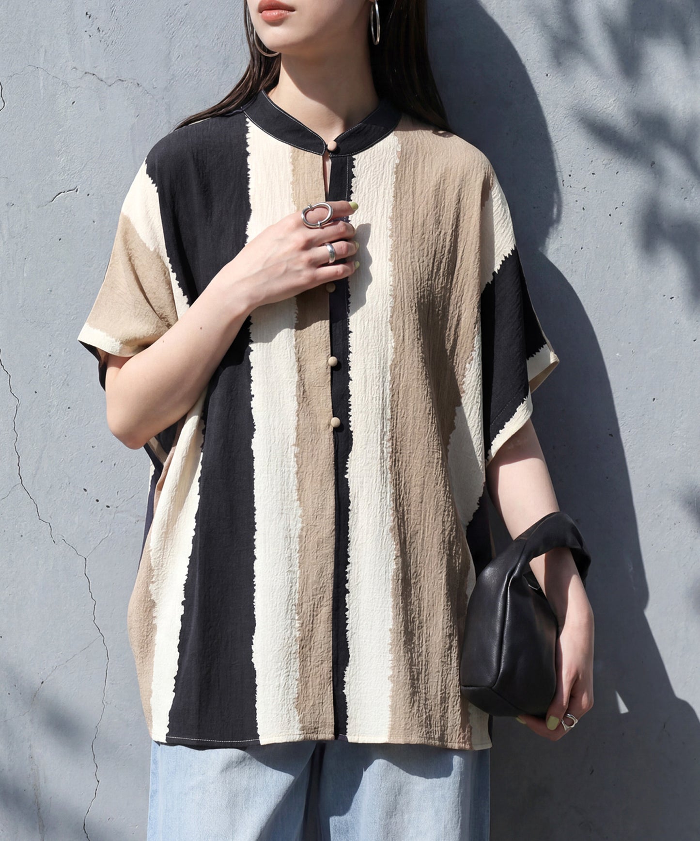 Striped Band Collar Blouse Ladies