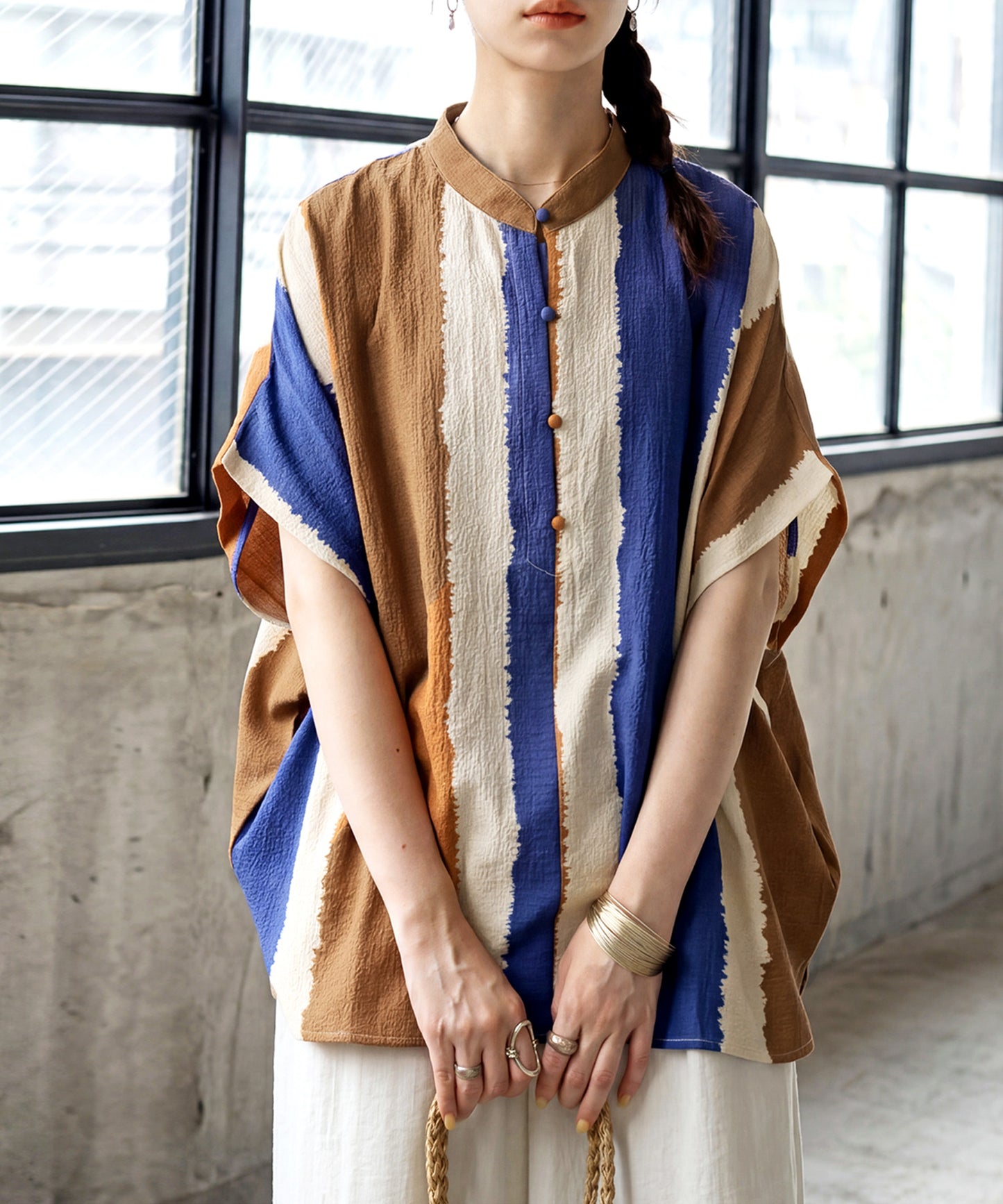 Striped Band Collar Blouse Ladies